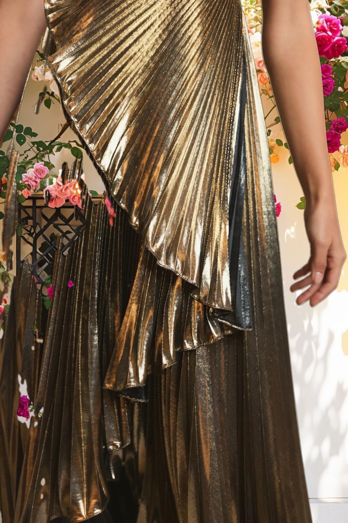 Gold Pleated Metallic One Shoulder High Low Gown