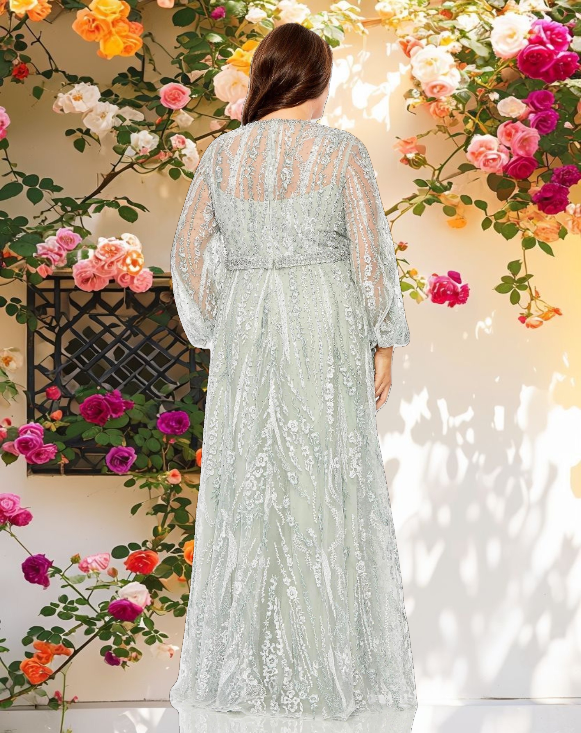 V Neck Puff Sleeve Embroidered A Line Gown