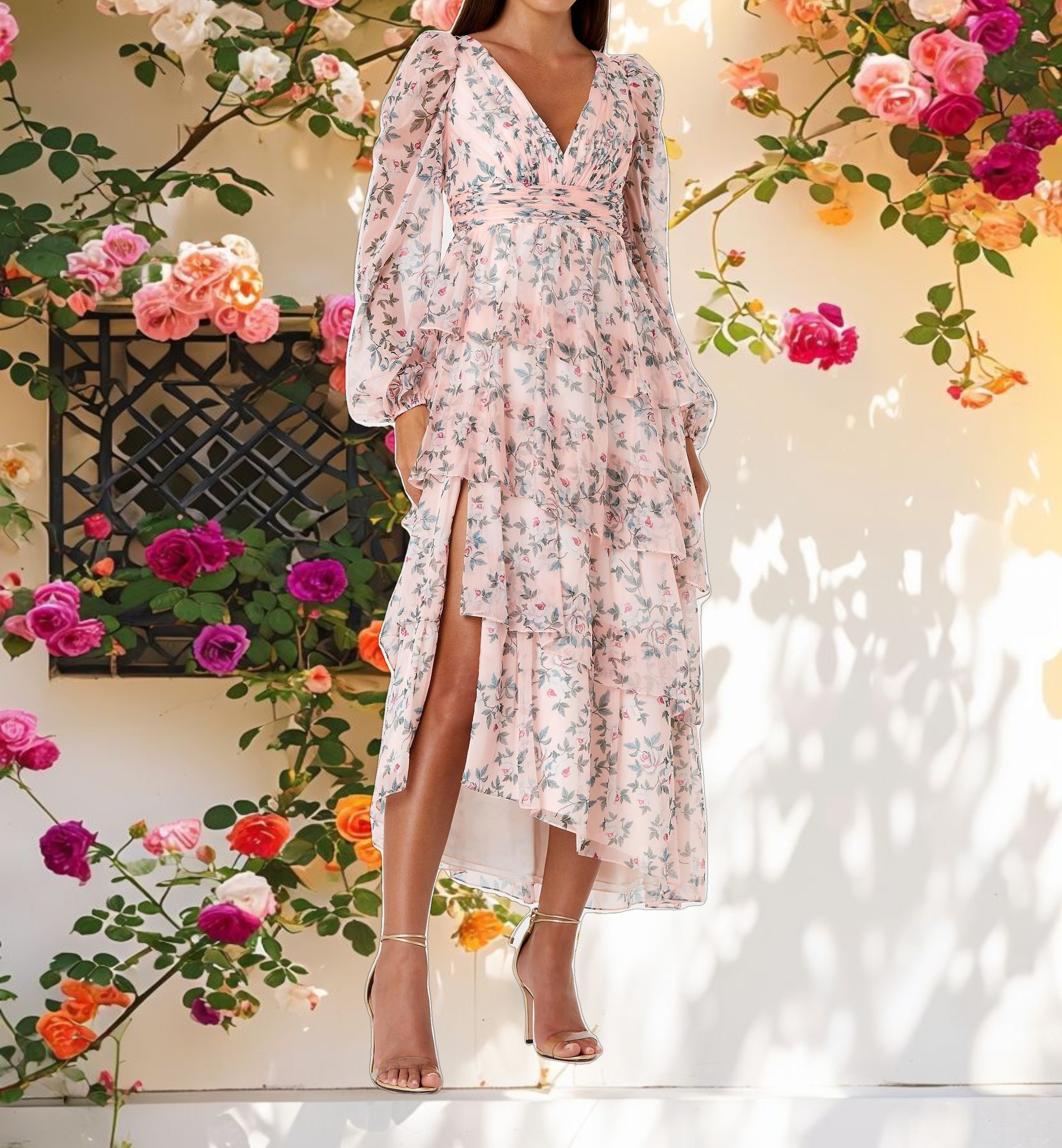 Pink Puff Sleeve Floral Printed Dress