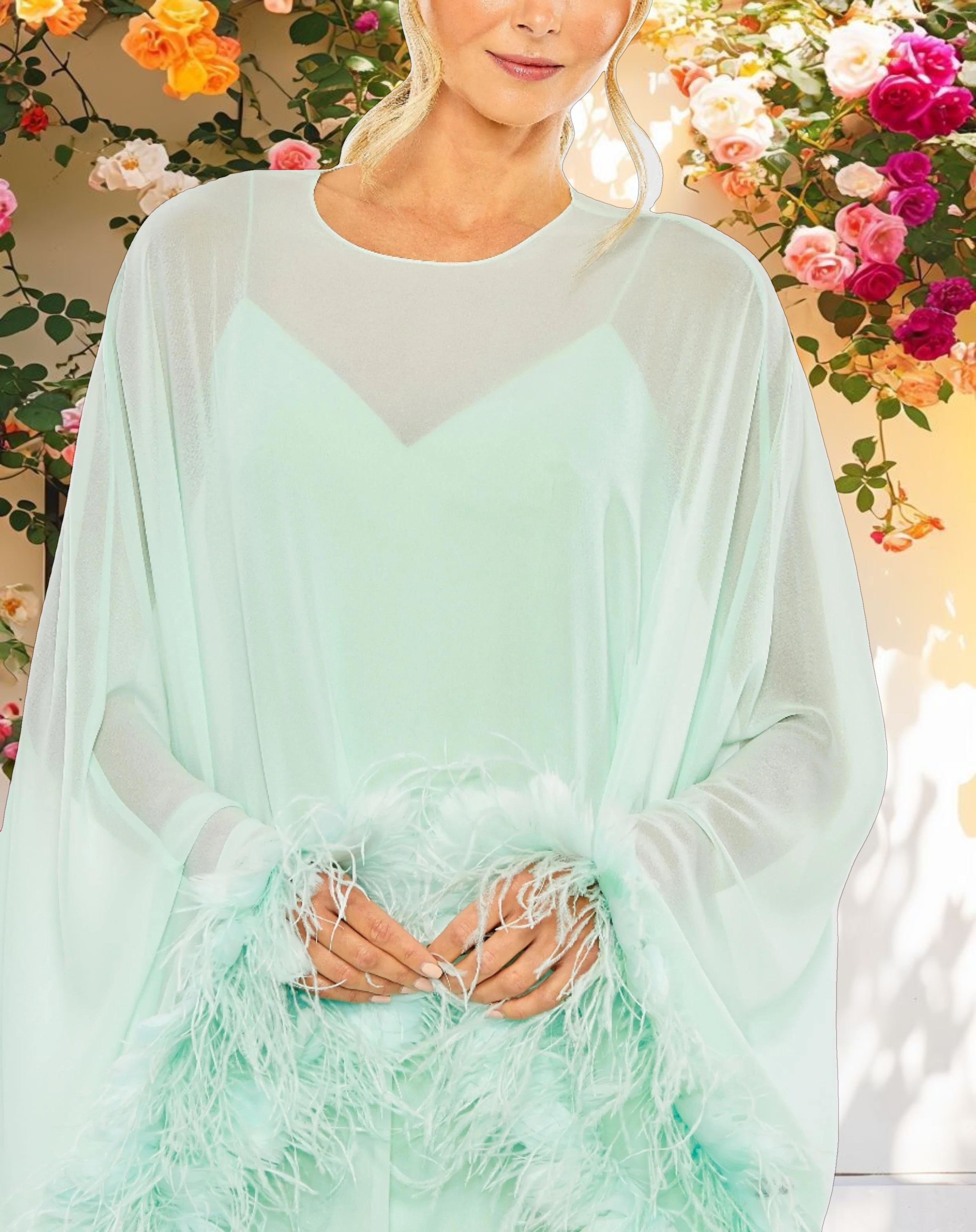 Green Trapeze Feather Trim Mini Dress