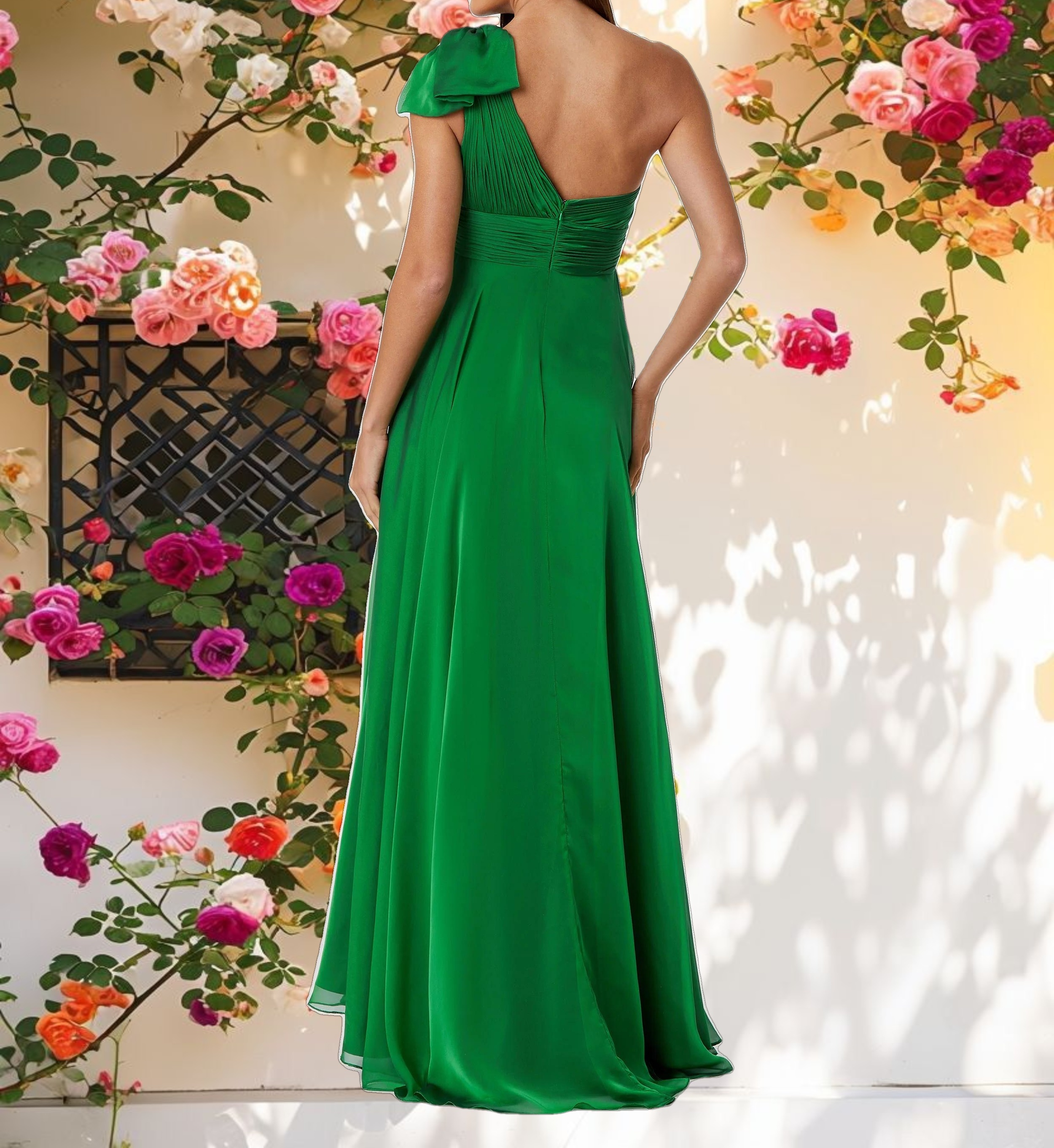 Green Pleated One Shoulder Chiffon Gown