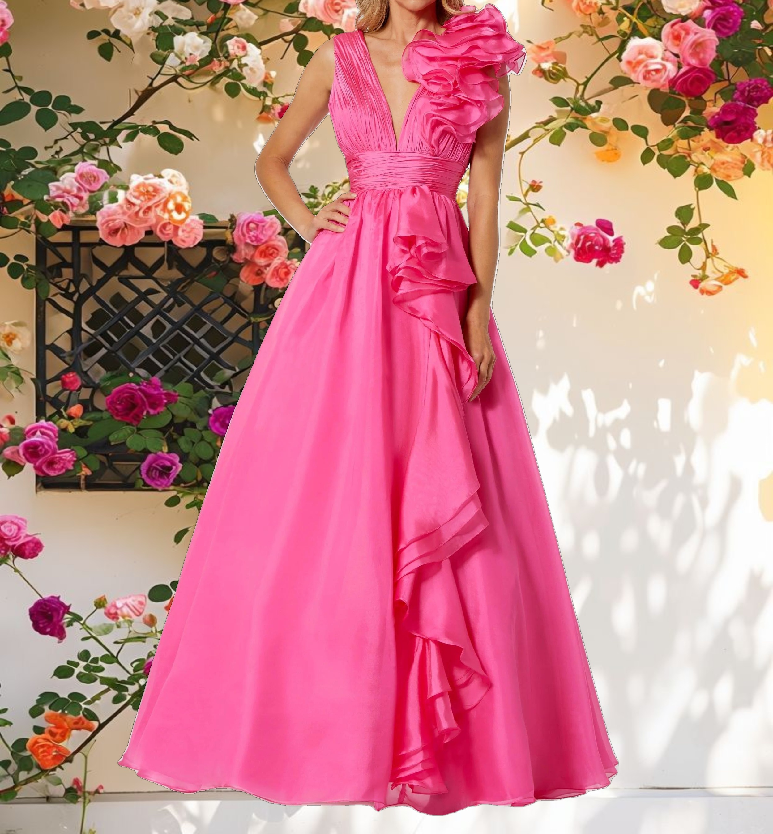 Pink Ruffle Shoulder V-Neck Chiffon Gown