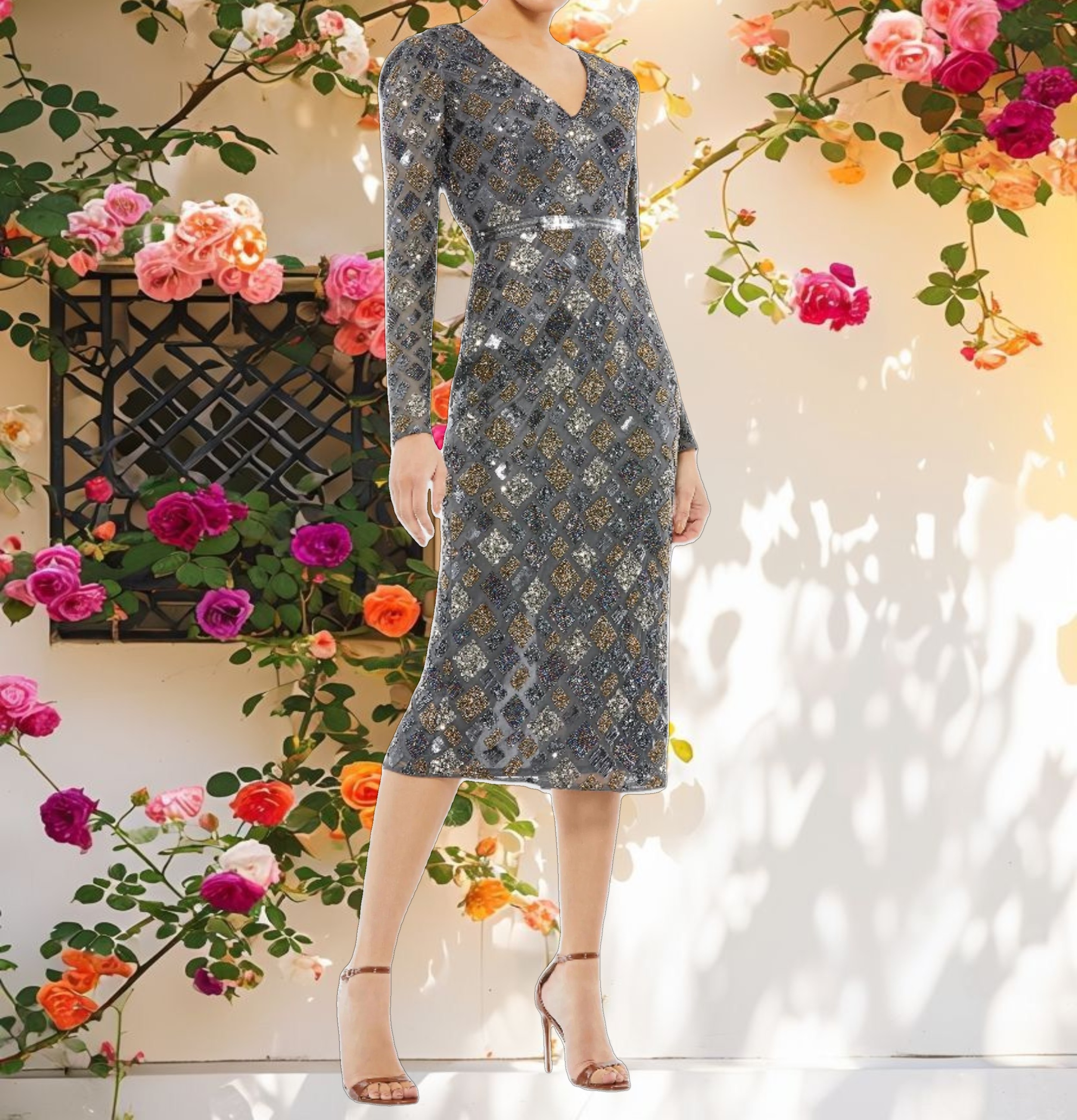 Gray Long Sleeve Geometric Sequin Midi Dress