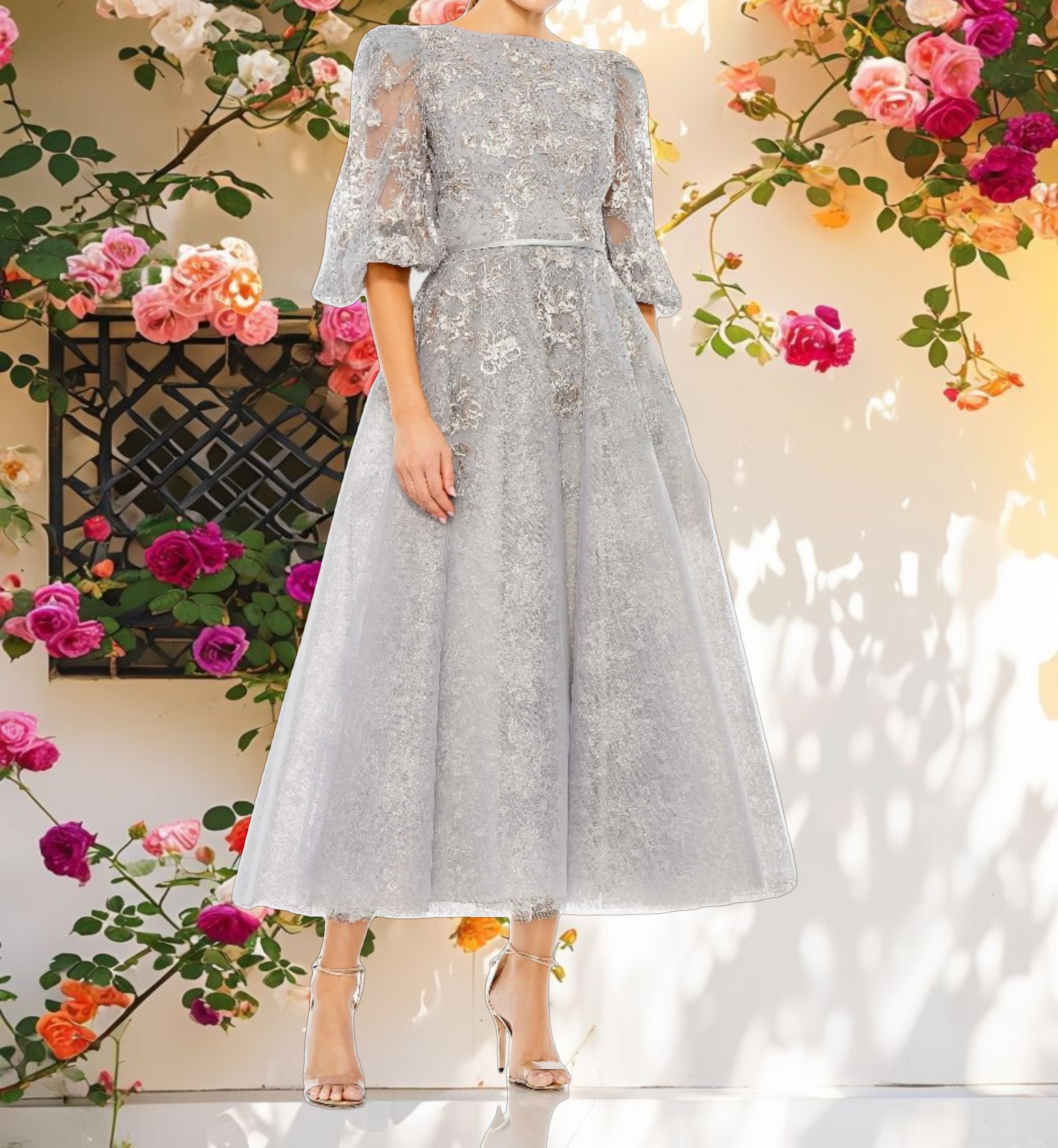 High Neck Puff Sleeve Embellished Gown