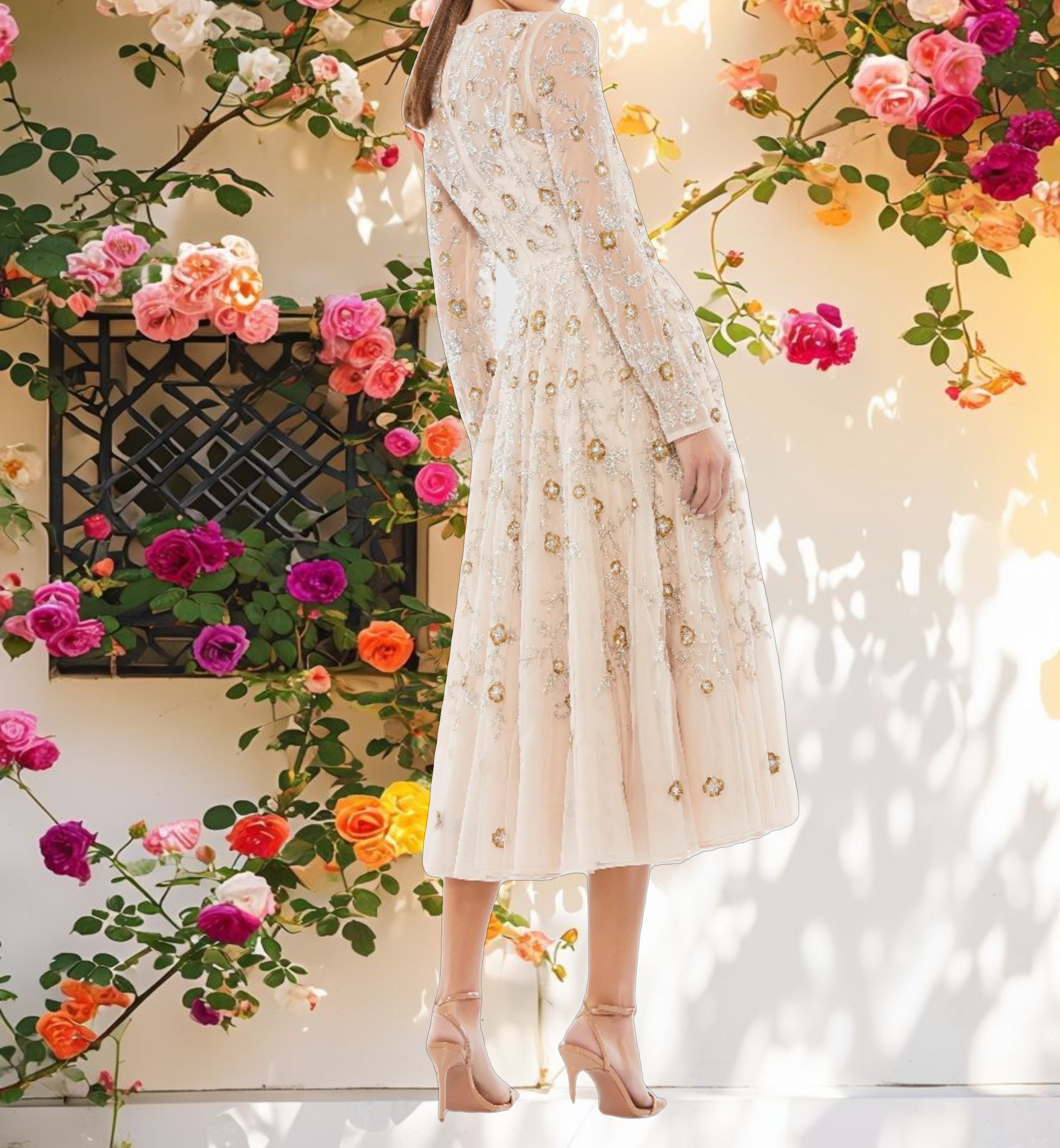 Beige Beaded Illusion High Neck Long Sleeve A Line Gown