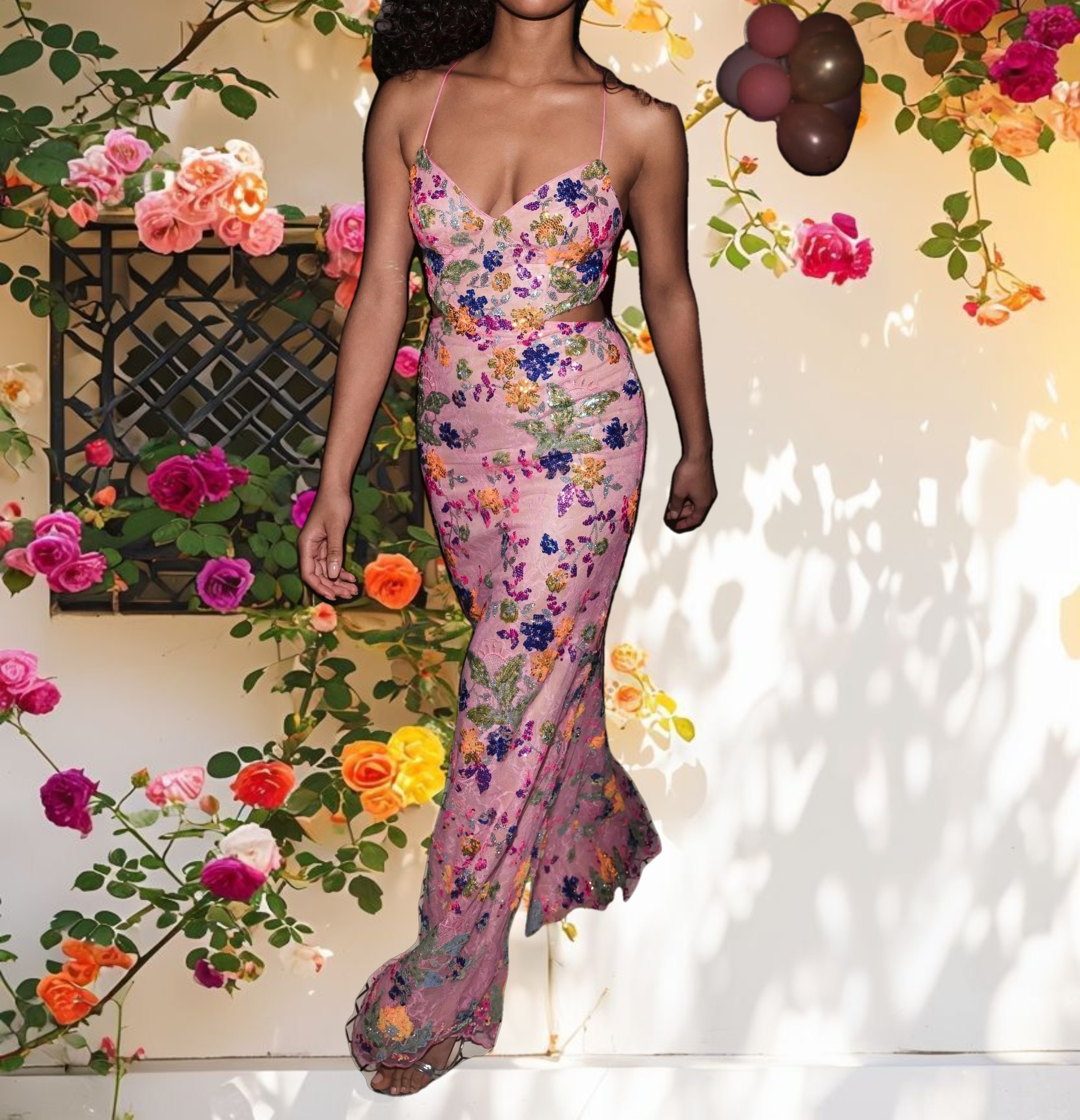 Pink Embellished Lace Strappy Column Gown