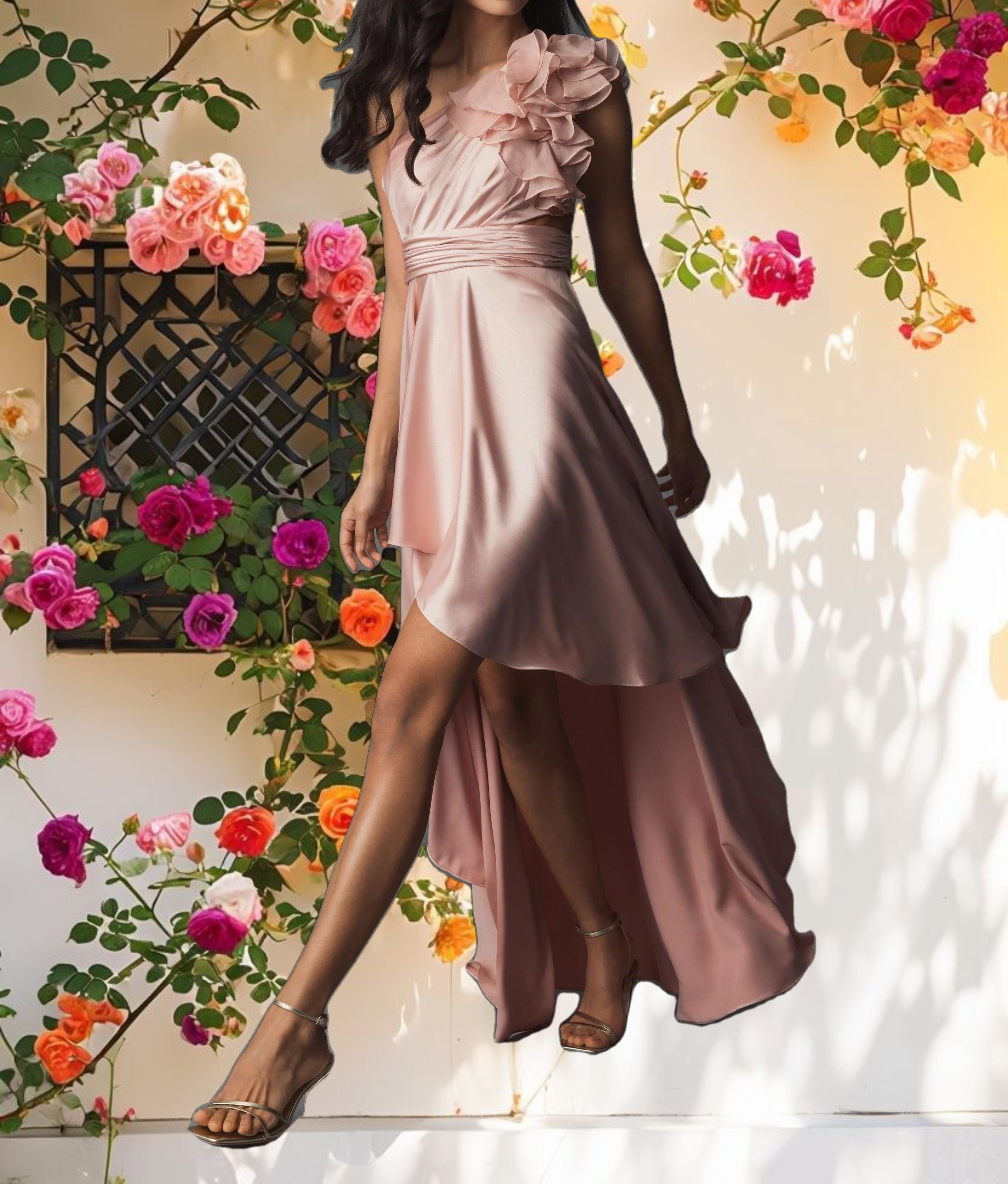 Pink Ruffled One Shoulder Cut Out Hi Low Gown