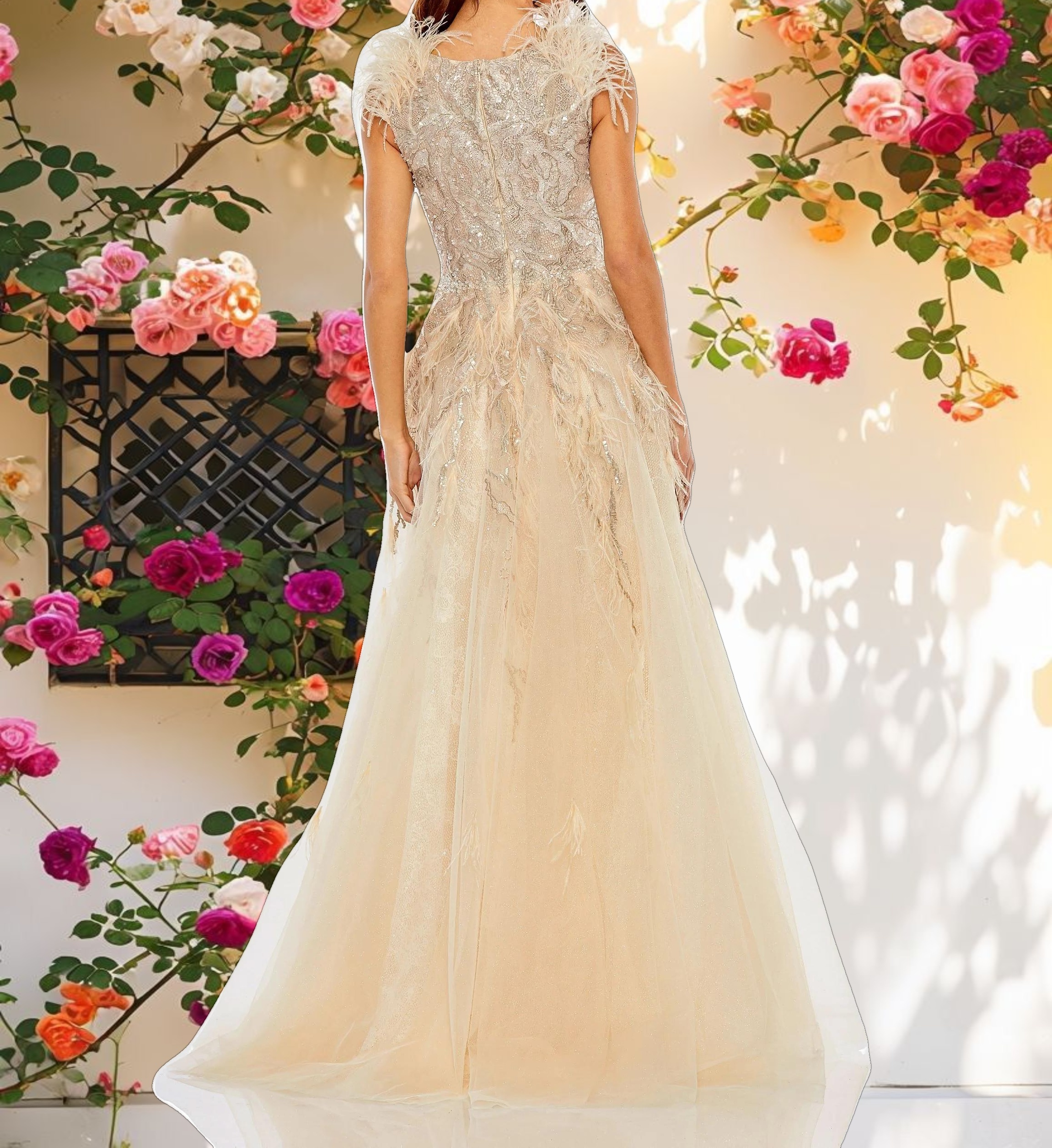 Beige Embellished Feathered Sleeveless A Line Gown