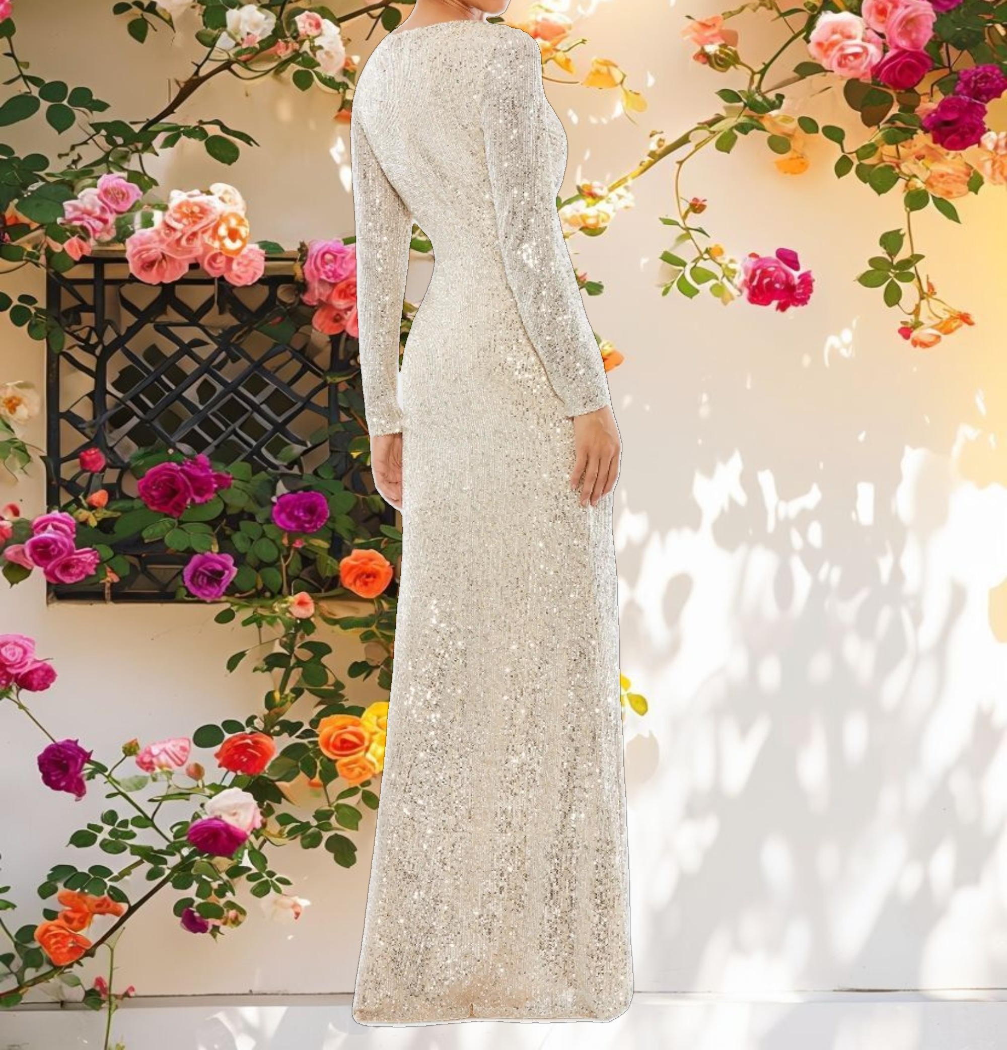 Beige Sequined Faux Wrap Long Sleeve Column Gown