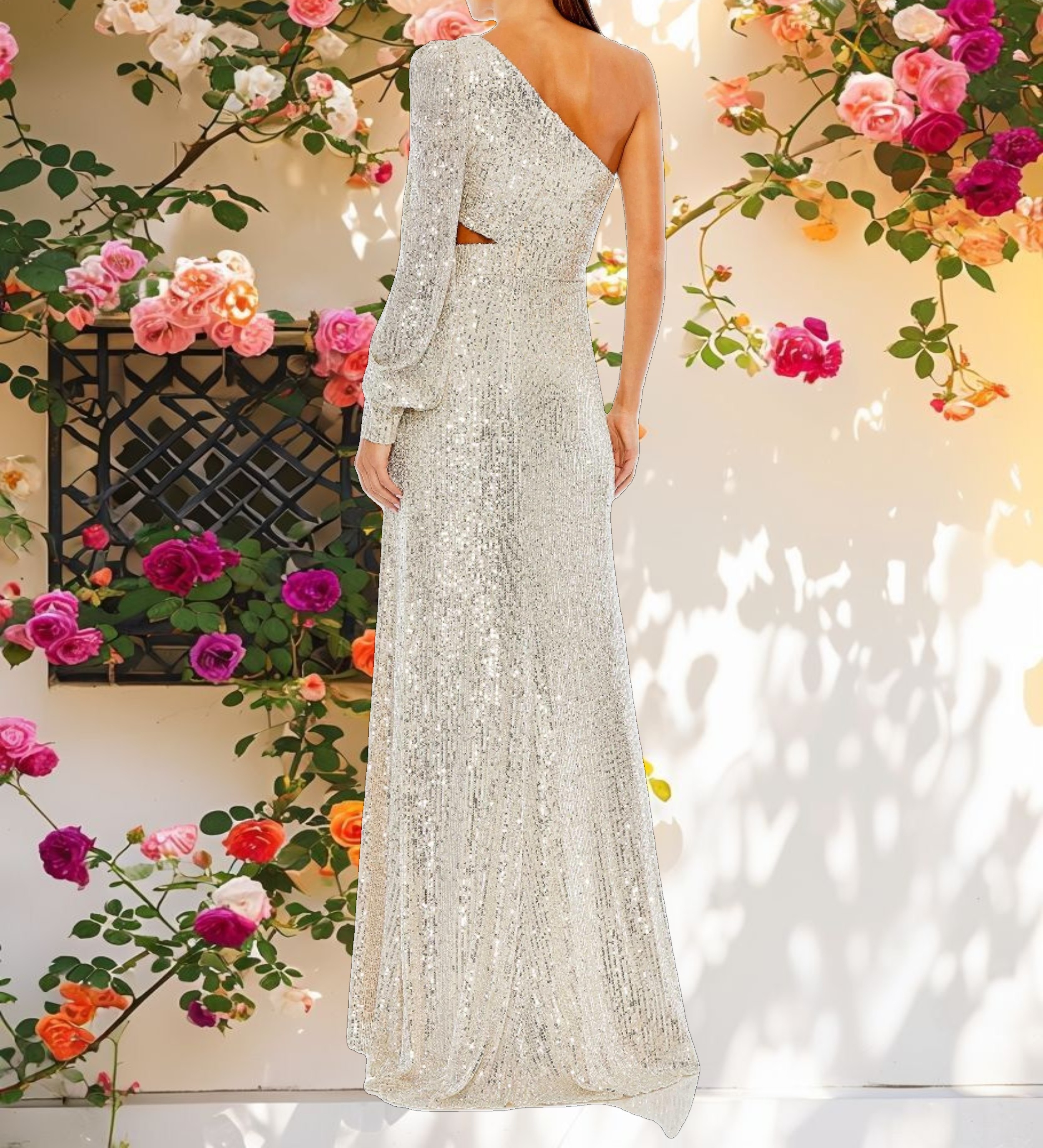 Silver Sequined One Shoulder Cut Out Gown