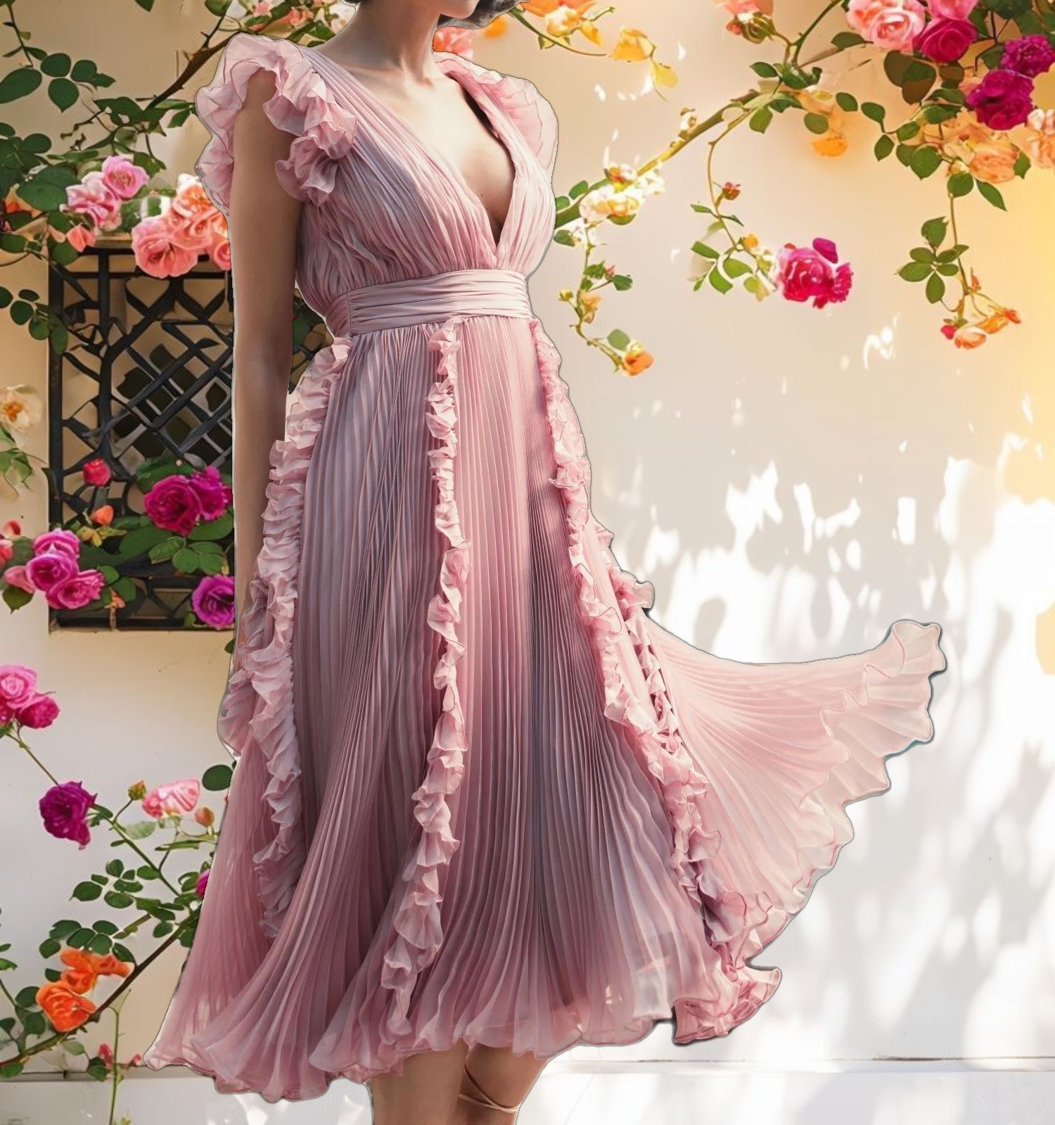 Pink Pleated Chiffon V Neck Ruffle Midi Dress