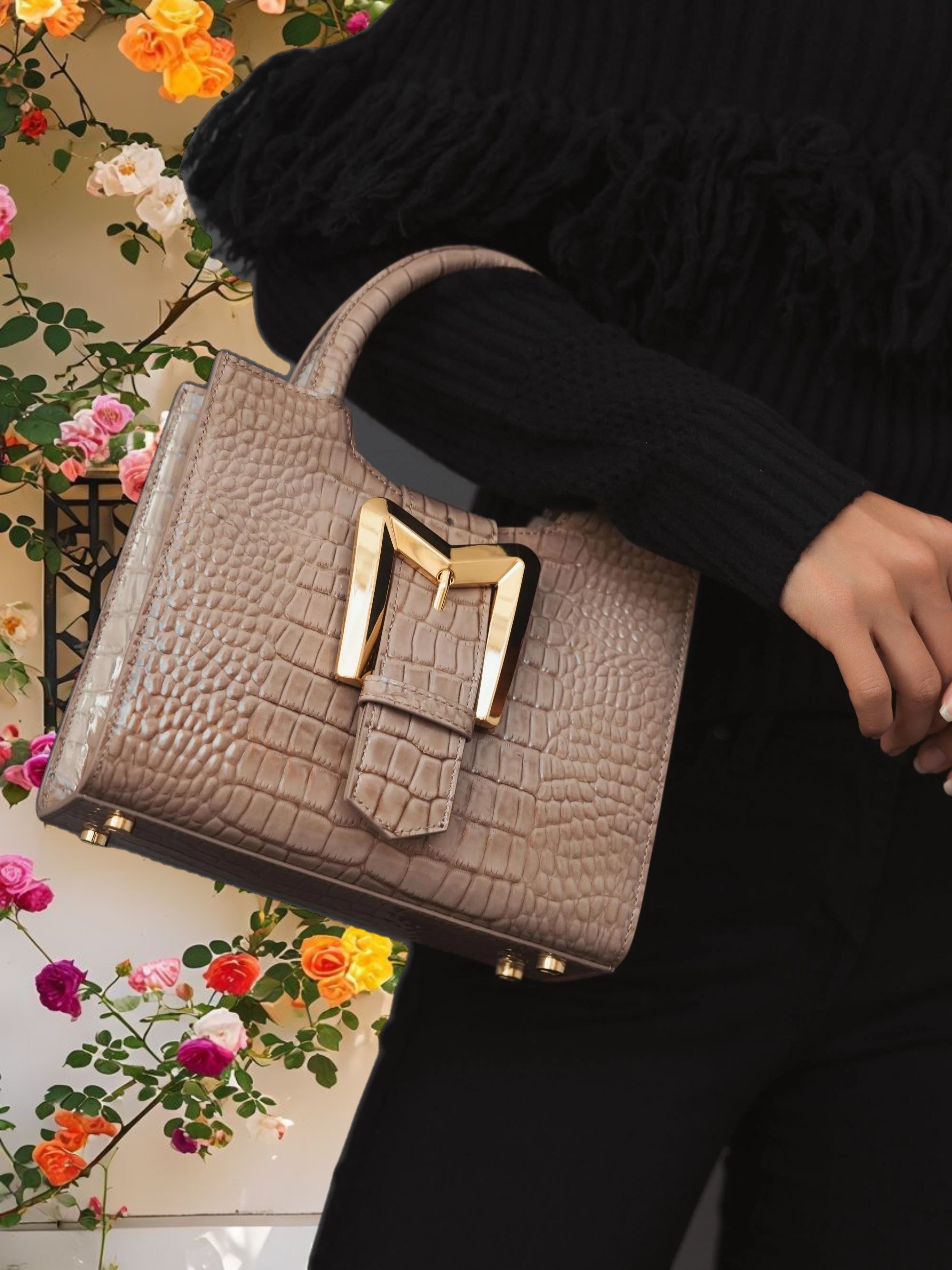 Leather Tote Bag With Gold Buckle