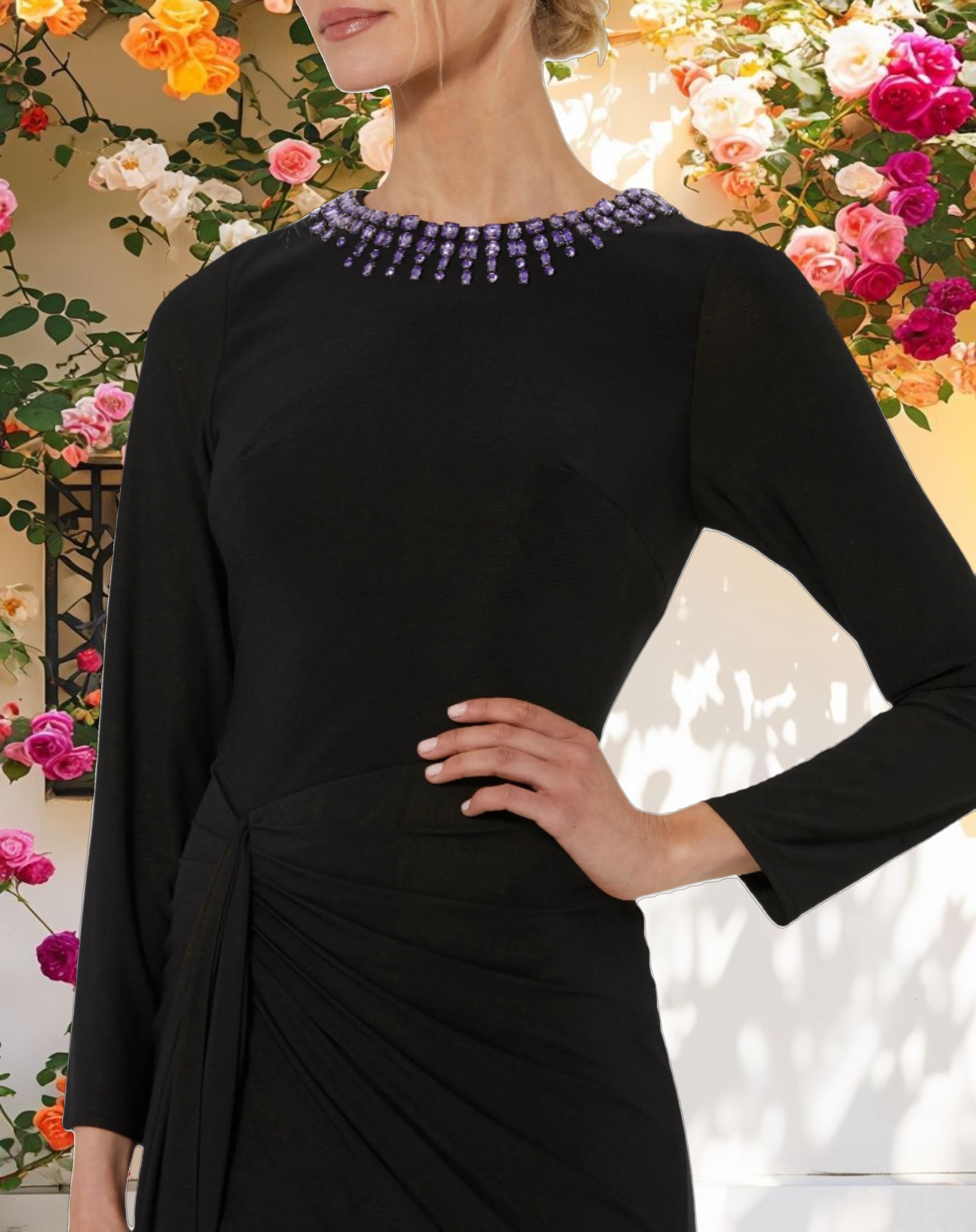 Black Long Sleeve Jersey Ruched Gown With Beaded Neck
