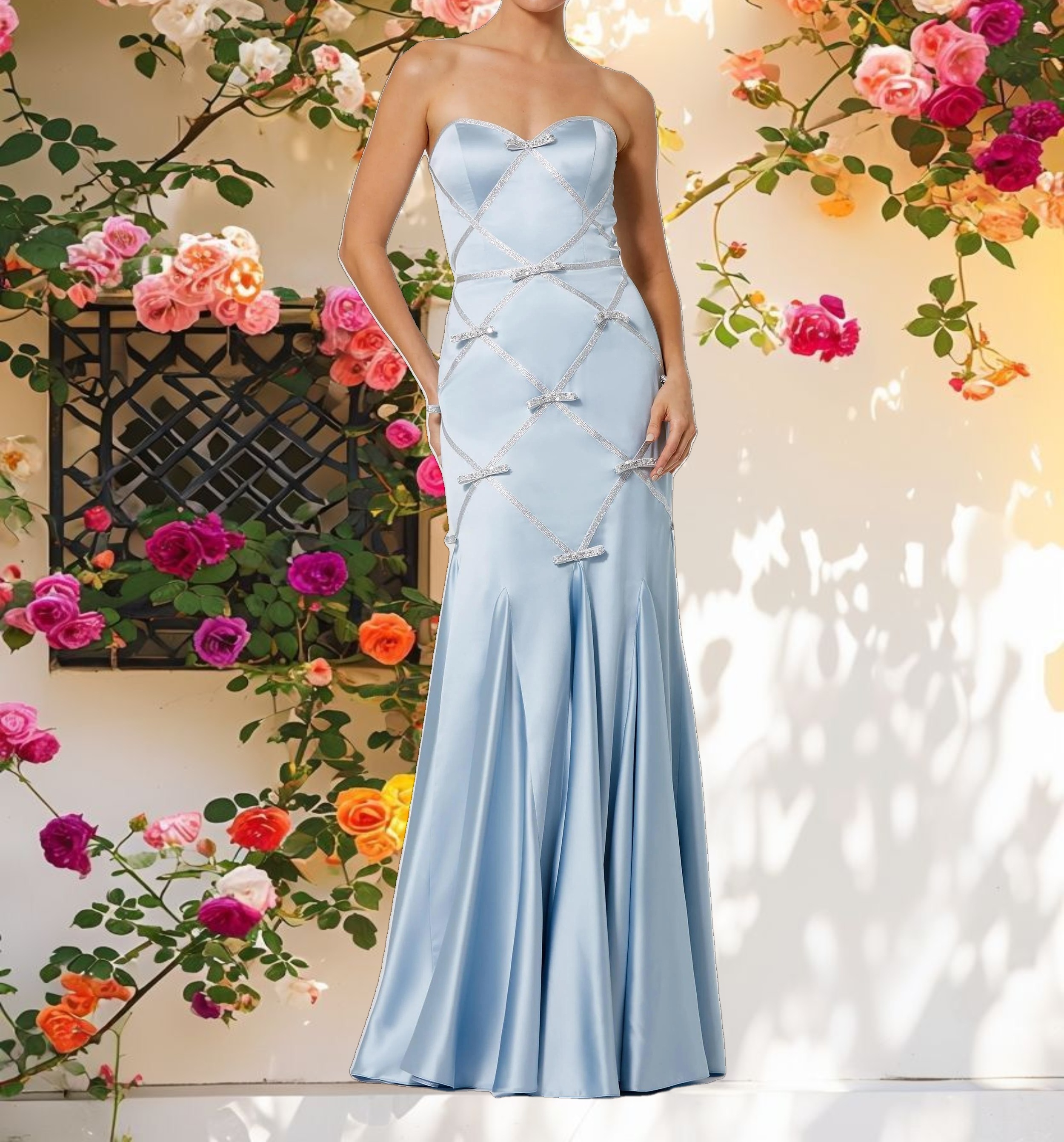 Blue Strapless Satin Trumpet Dress With Bow Details