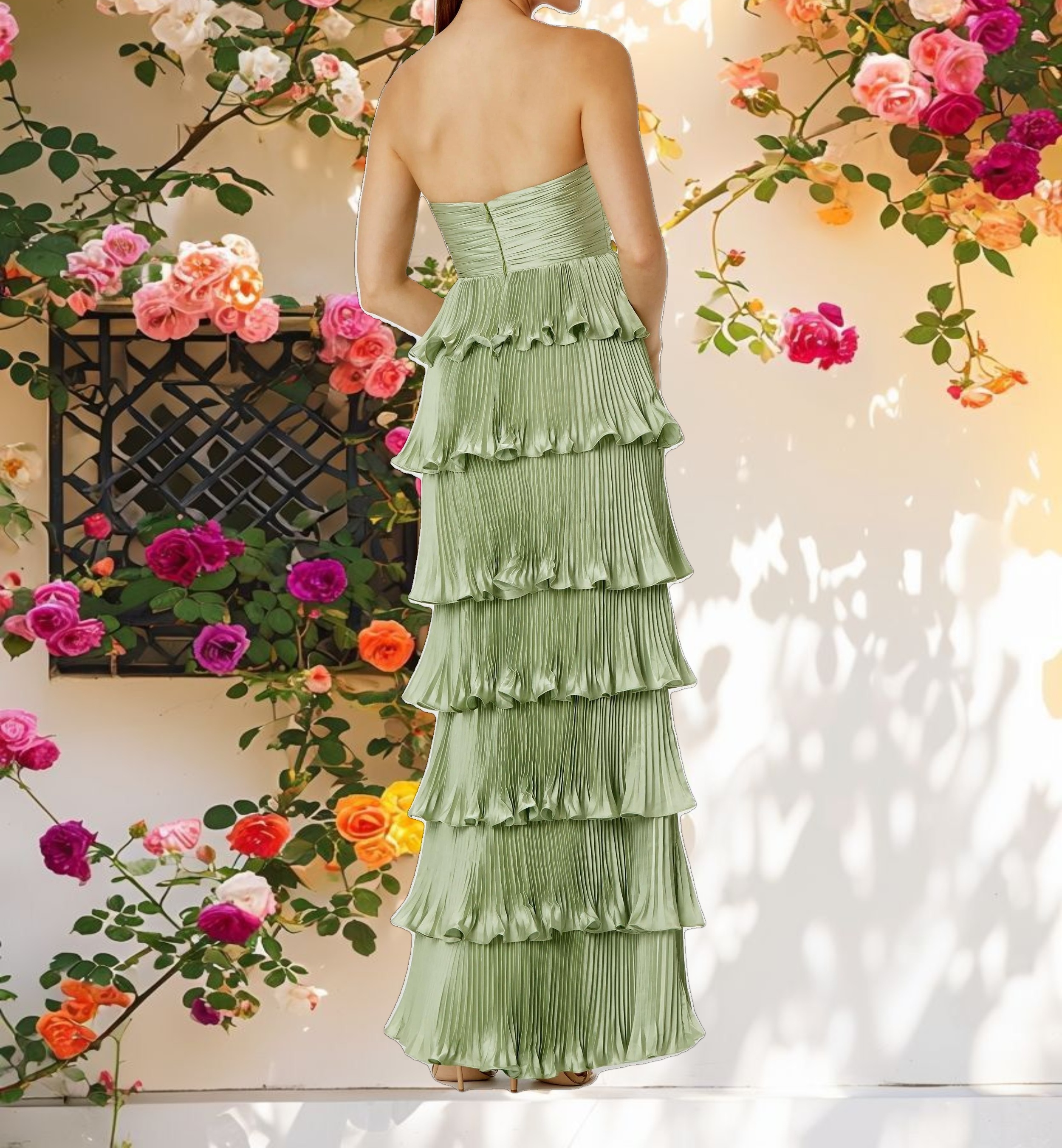 Green Pleated Charmeuse Strapless Tiered Ruffle Gown