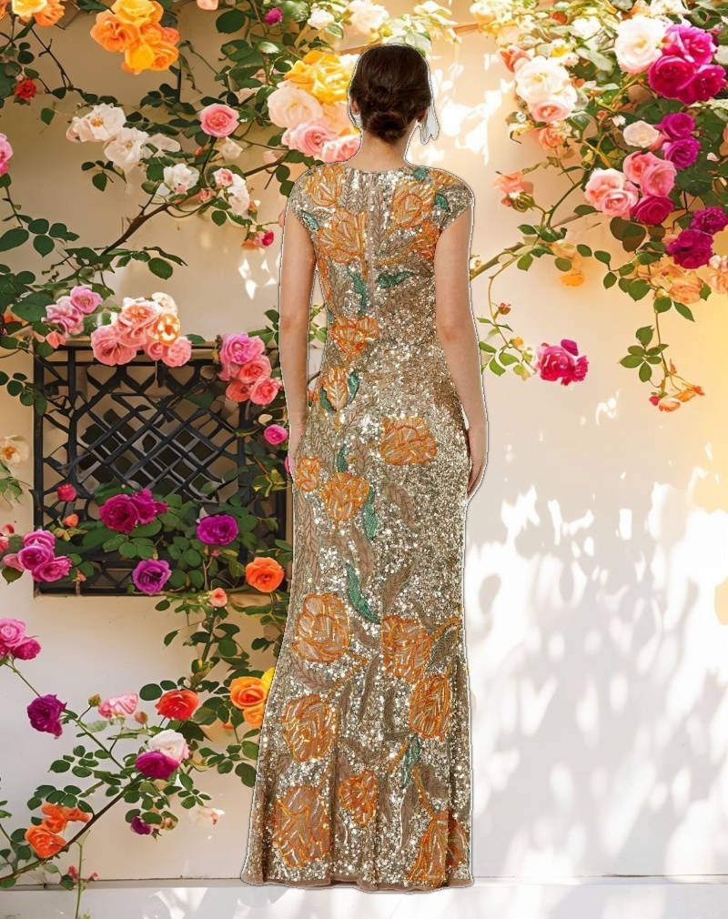 Gold Fitted Cap Sleeve Gown