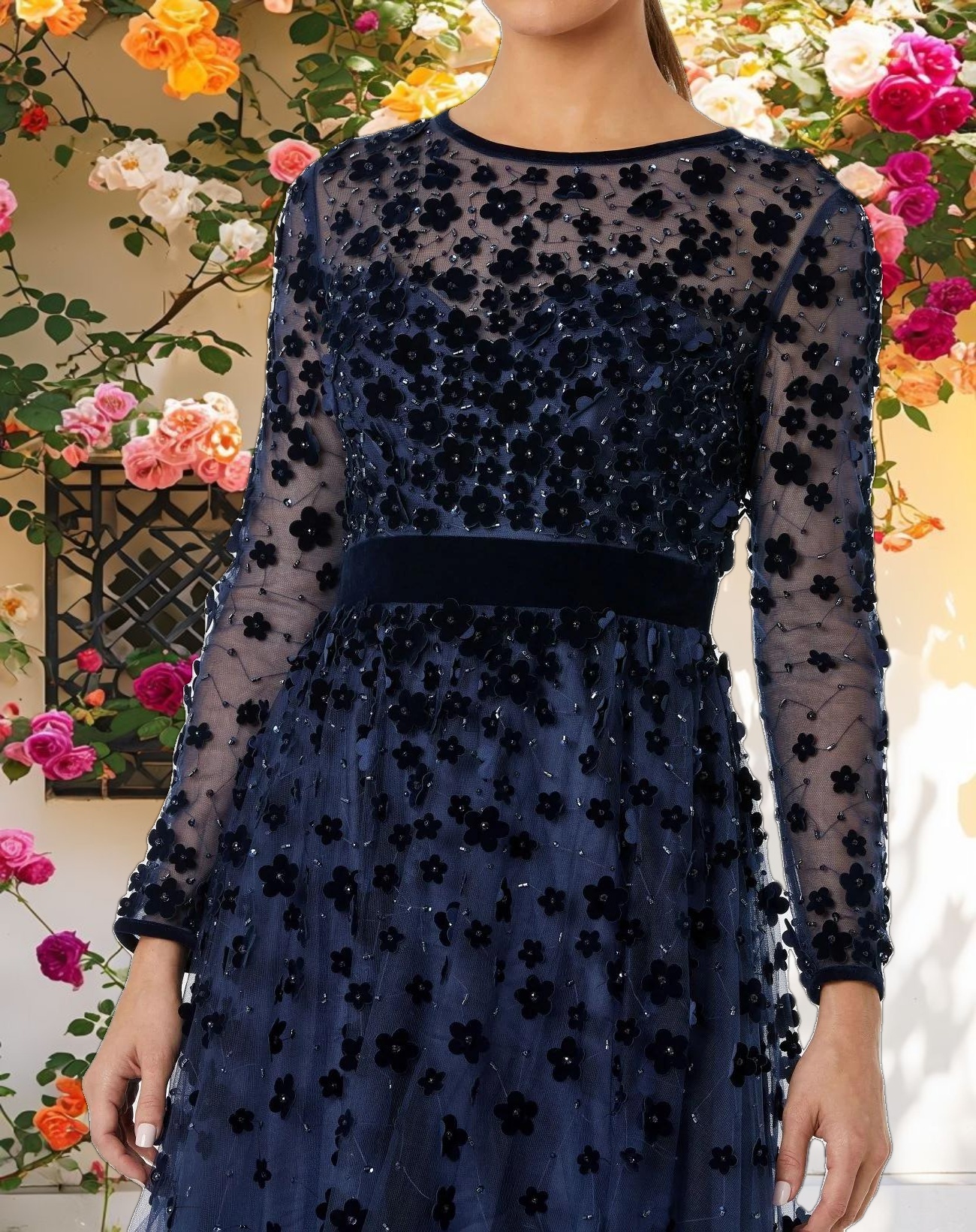 Navy Embellished Illusion High Neck Long Sleeve Fit & Flare Dress