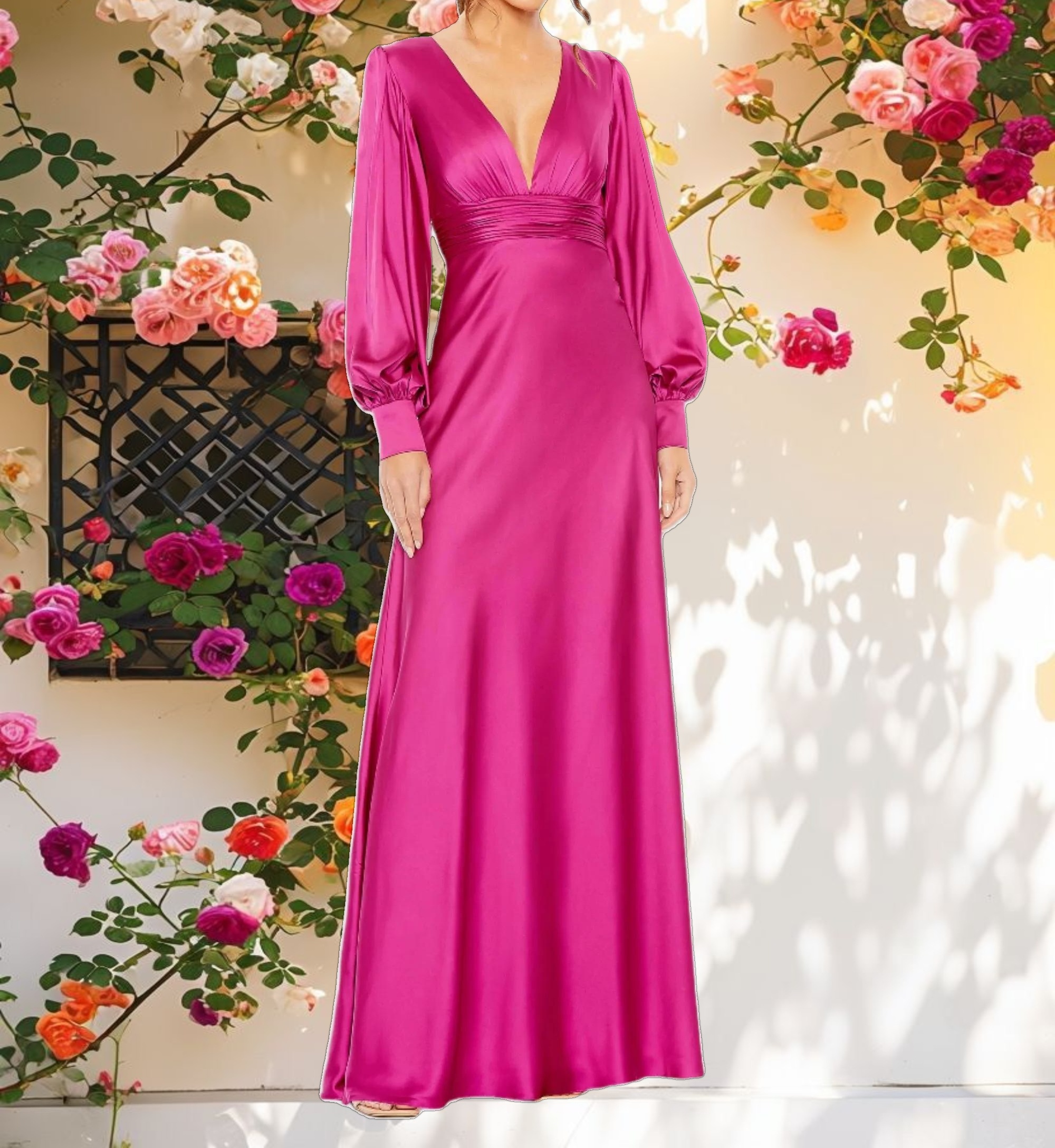 Pink Charmeuse Bishop Sleeve V Neck Gown