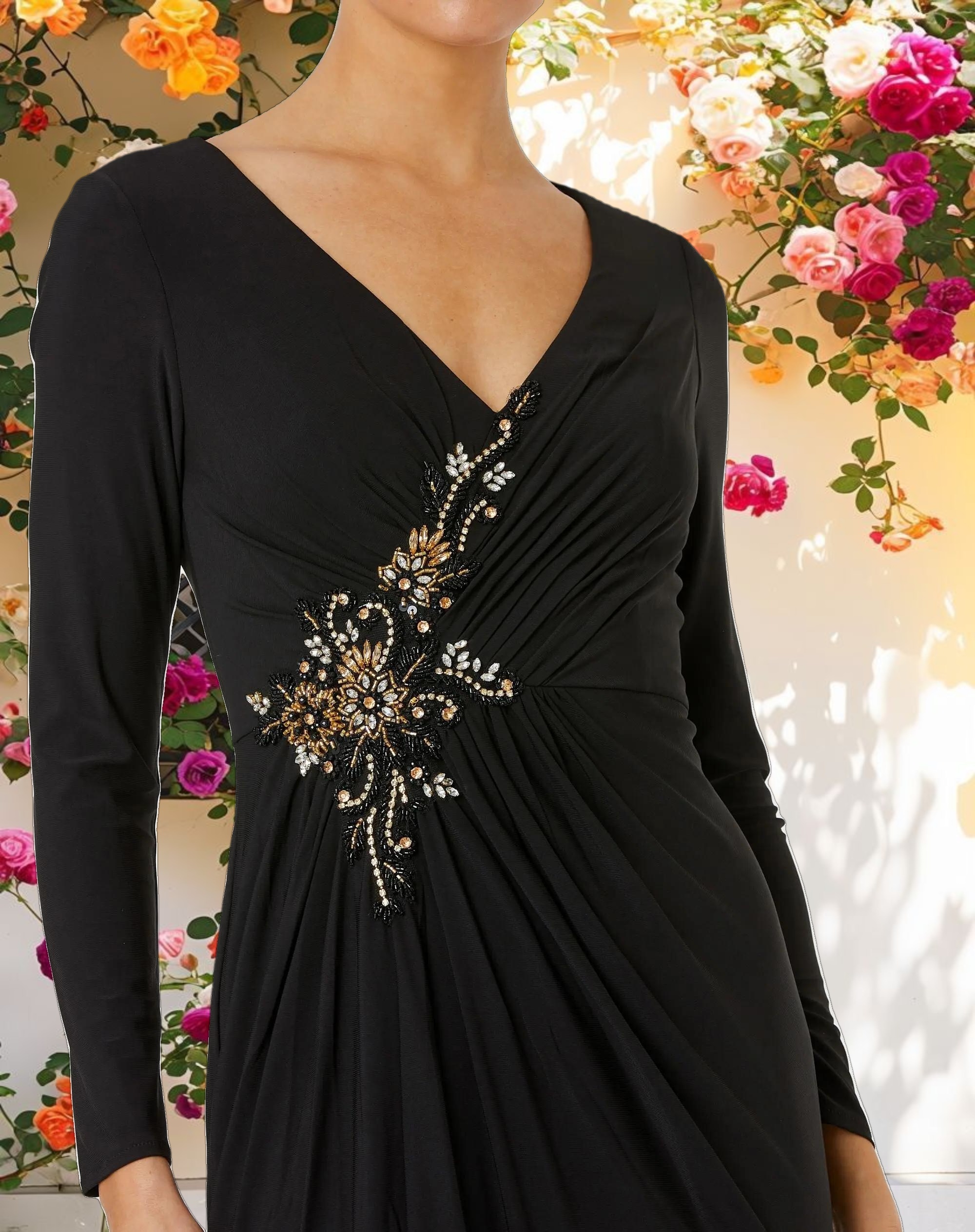 Black Synthetic Wrap Long Sleeve Dress with Decorative Detail