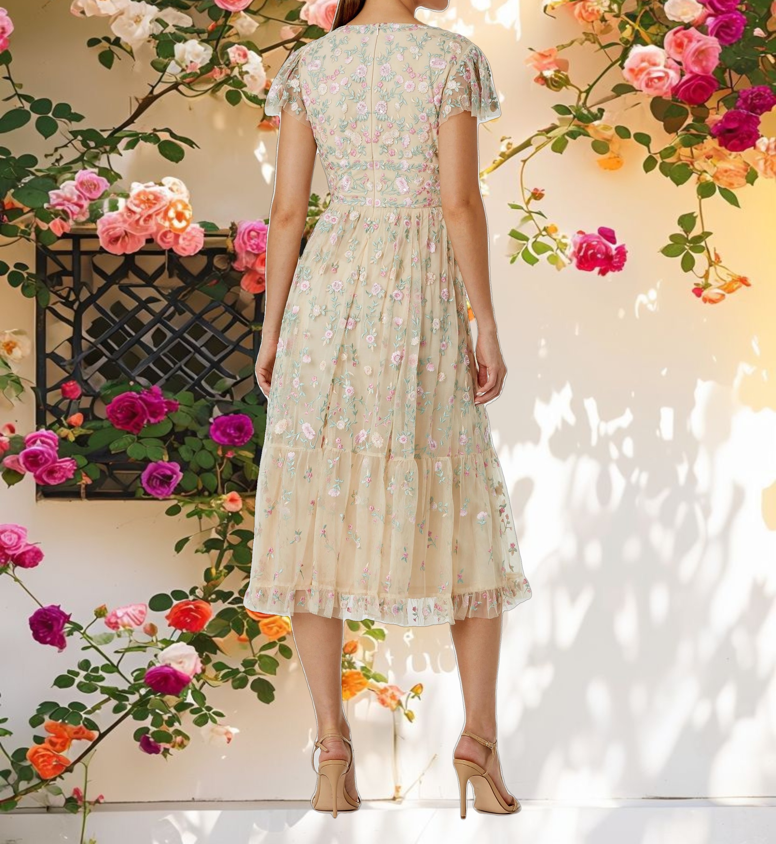 Multi Color Embroidered V Neck Cap Sleeve Midi Dress