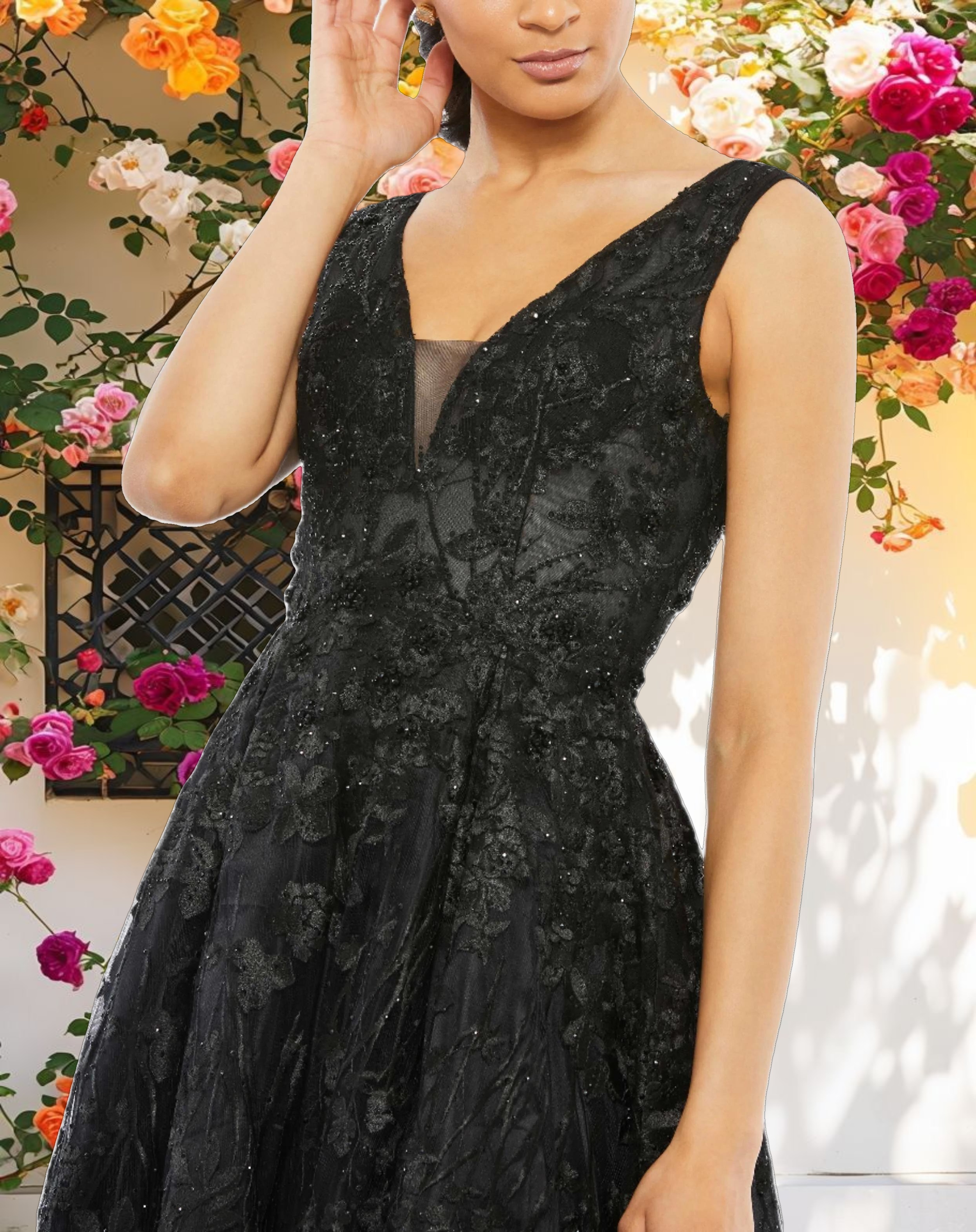 Floral Embroidered Illusion V Neck Gown