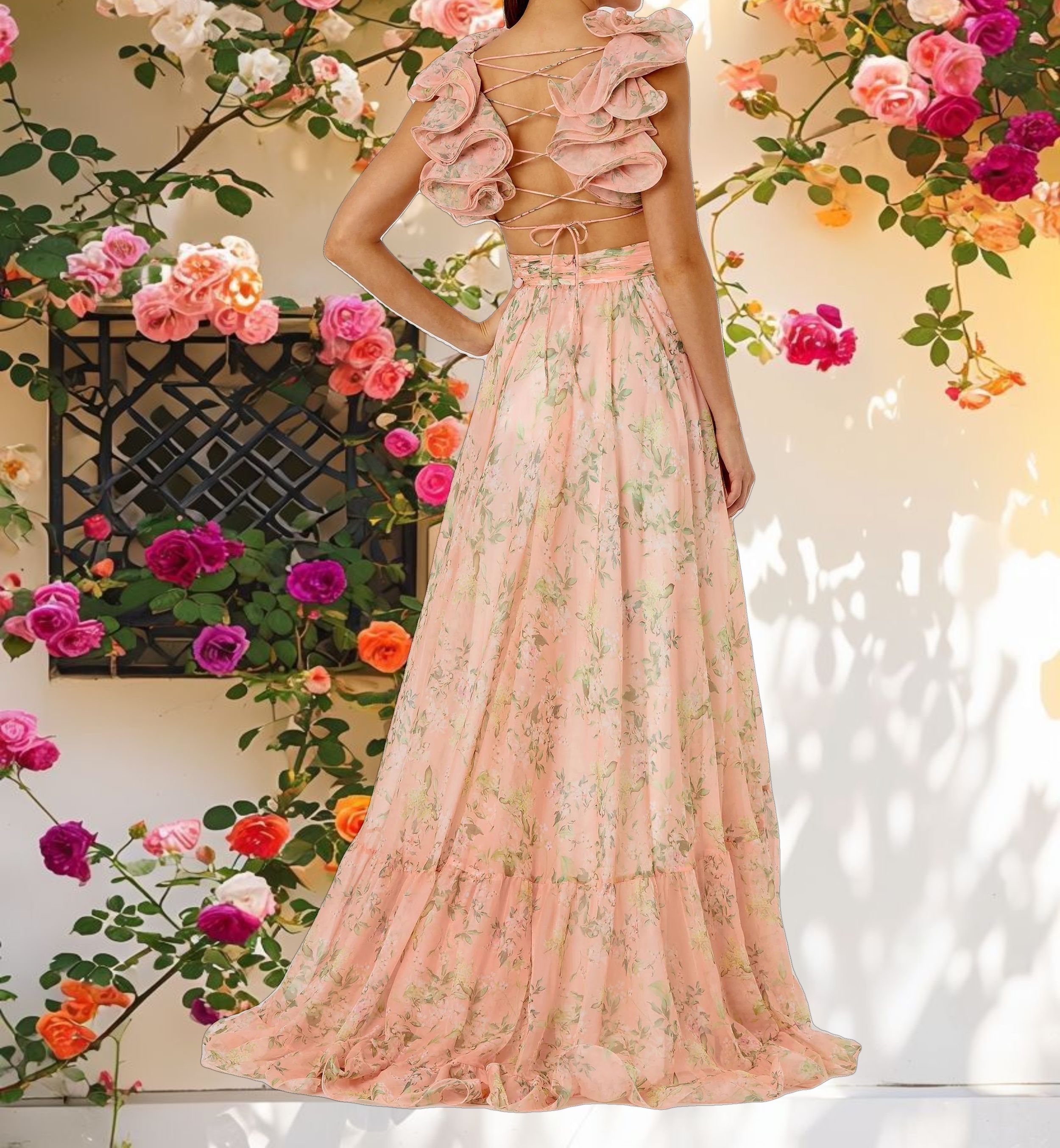 Ruffle Tiered Floral Cut Out Chiffon Gown