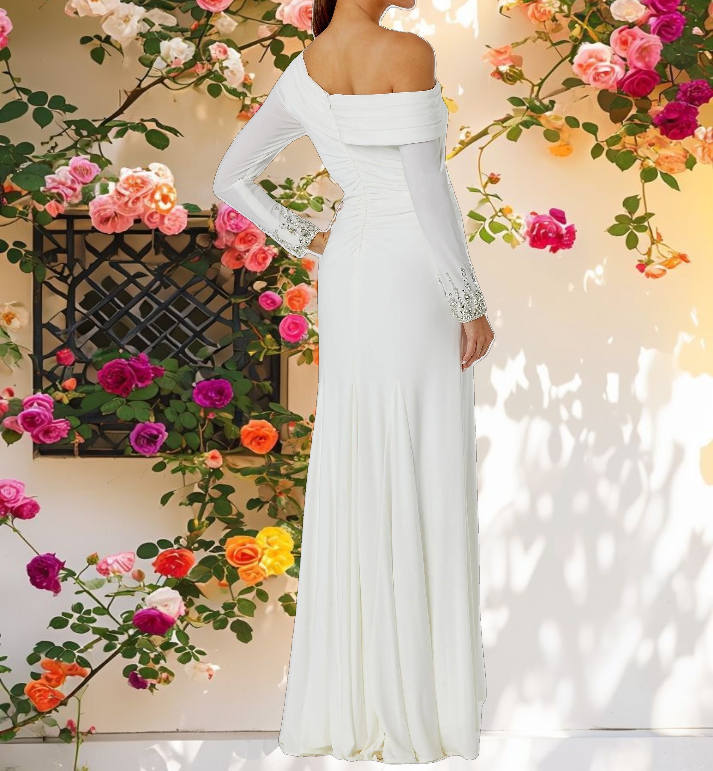 White Beaded Cuff Drop Shoulder Faux Wrap Gown