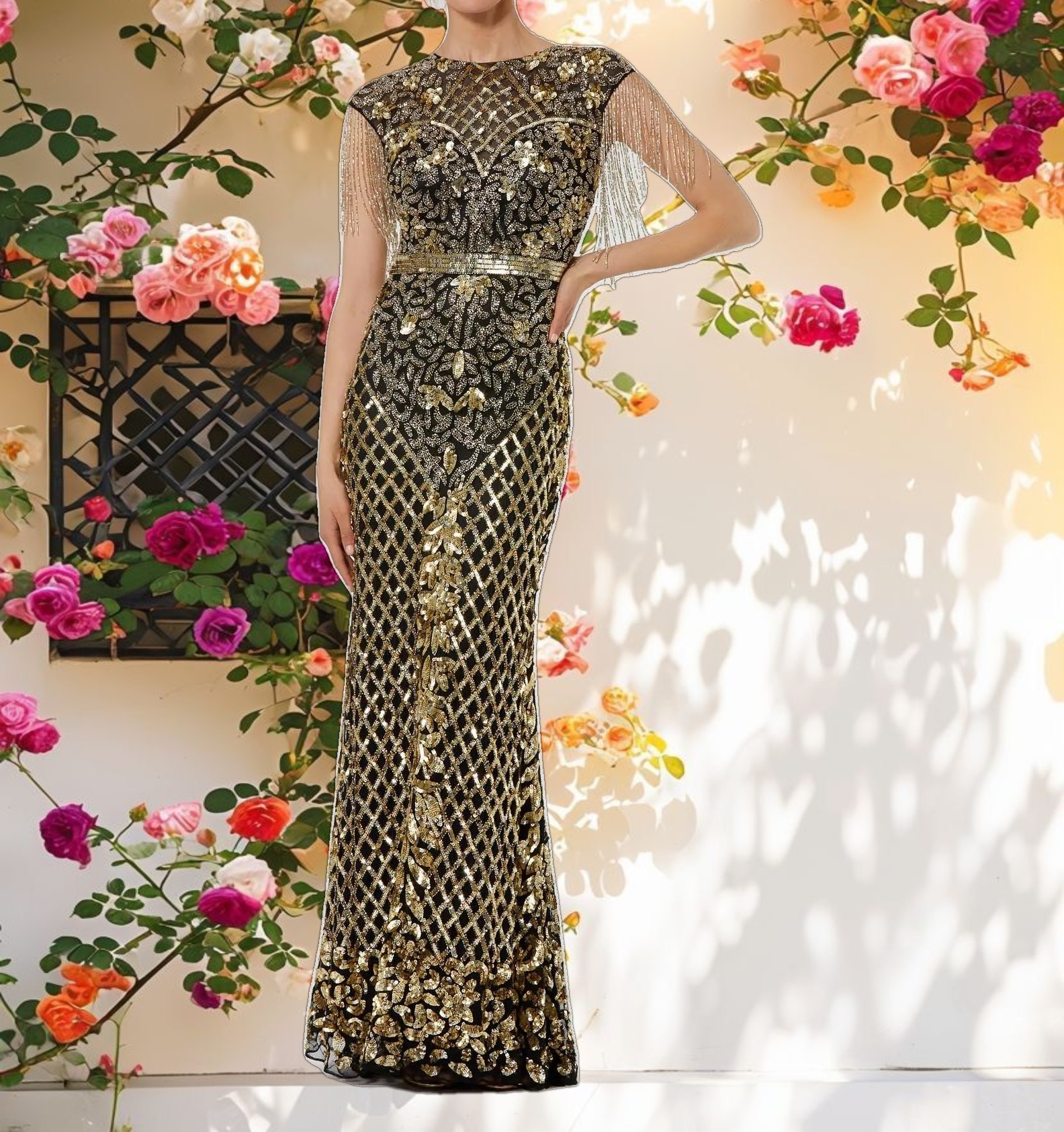 High Neck Sleeveless Beaded Fringe Fitted Gown