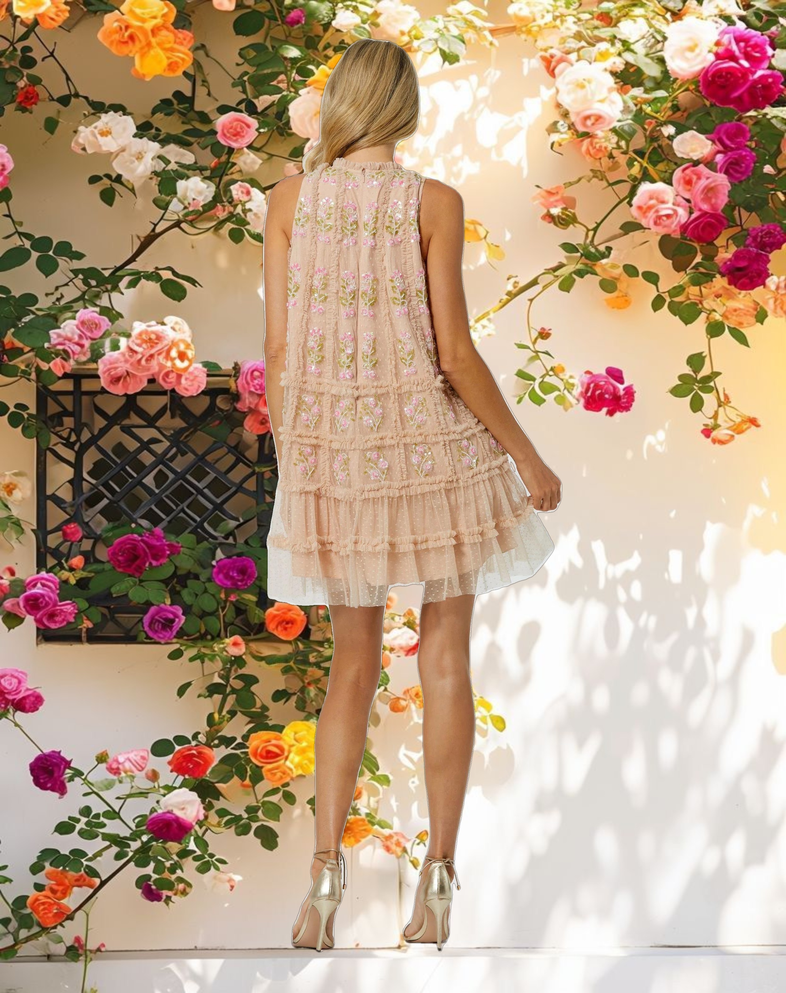 Beige Sleeveless High Neck Beaded Ruffle Mini Dress