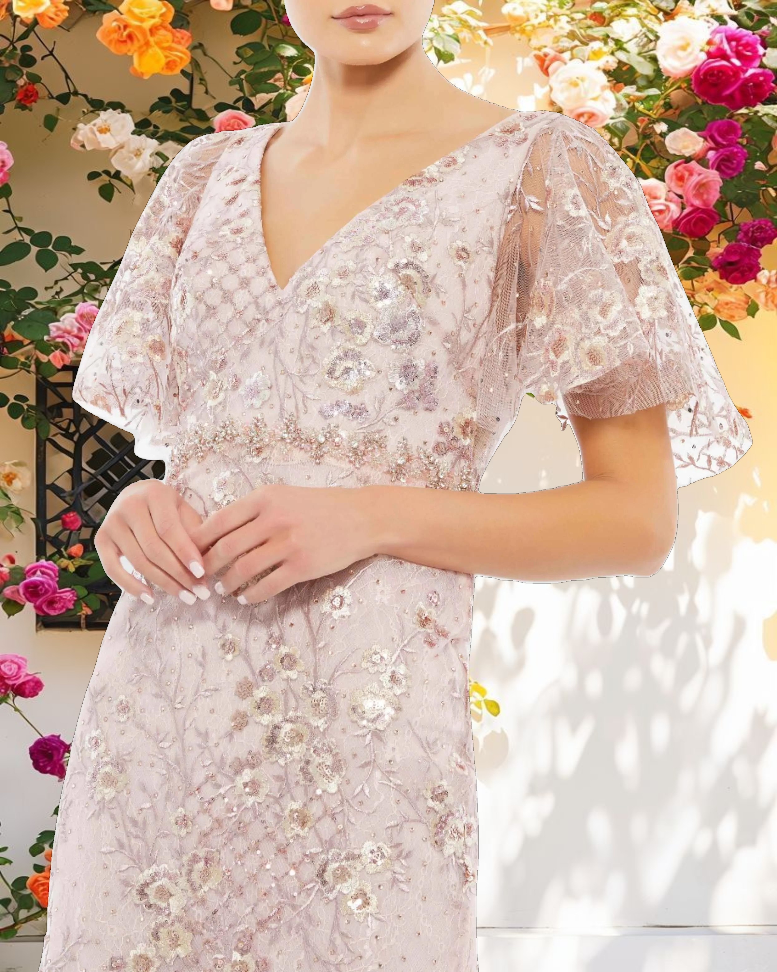 Pink Embellished Illusion Butterfly Sleeve Cocktail Dress