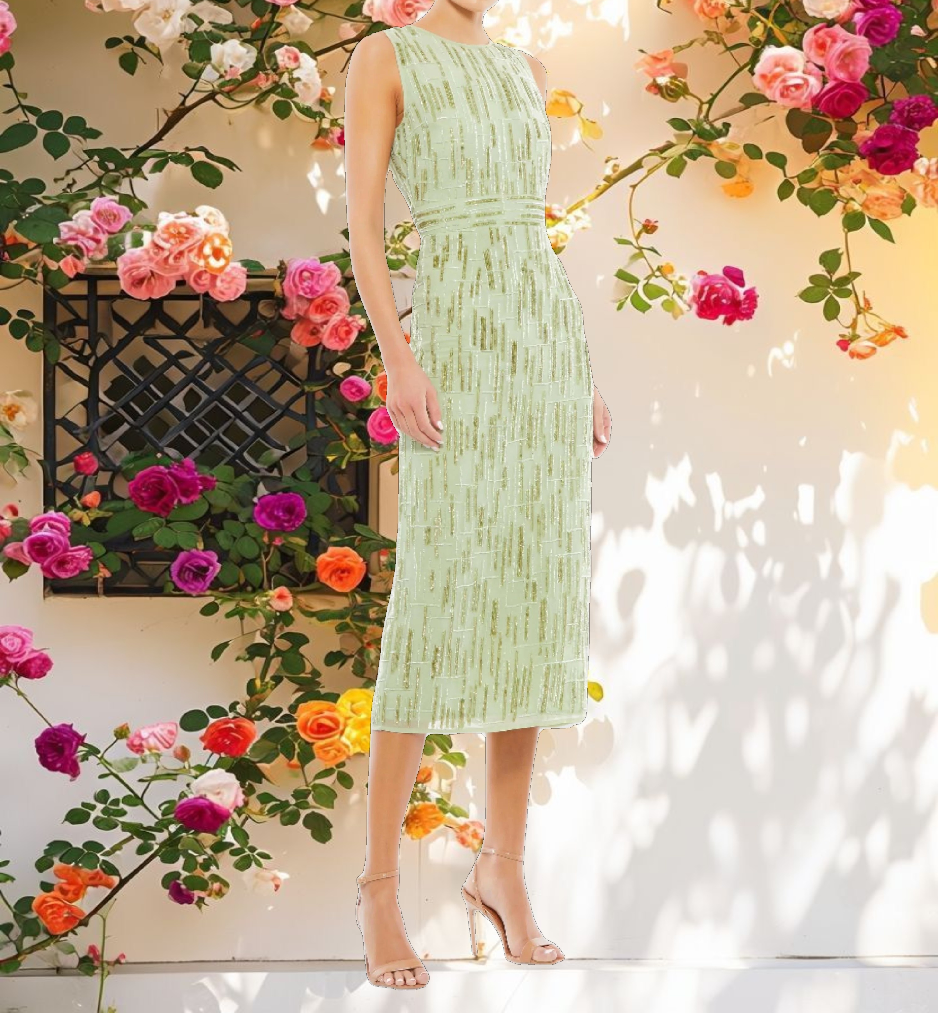 Green Abstract Beaded Sleeveless Midi Sheath Dress