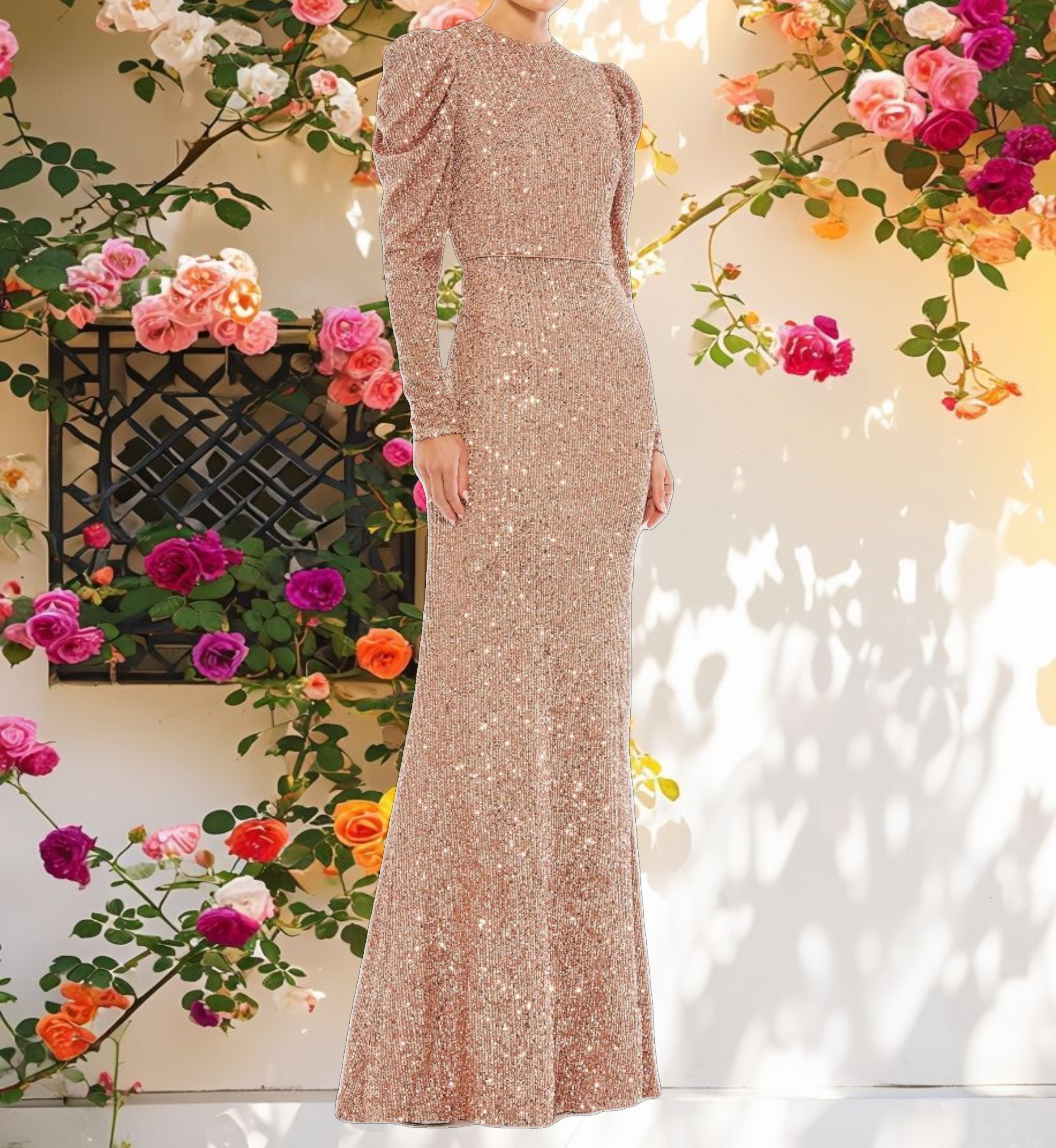 Pink Sequined High Neck Puff Long Sleeve Column Gown