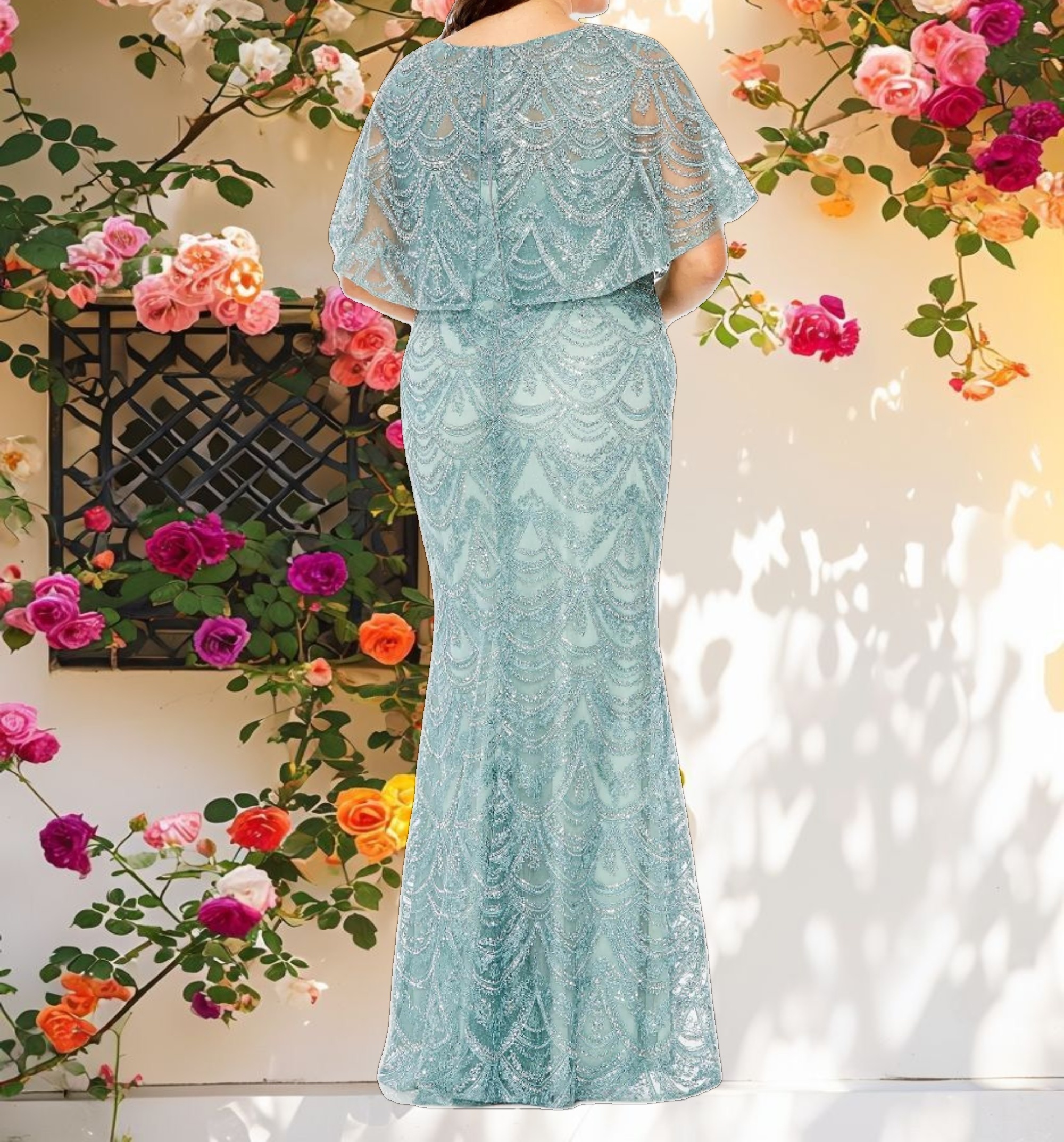 Blue High Neck Embellished Column Dress With Cape (Plus)