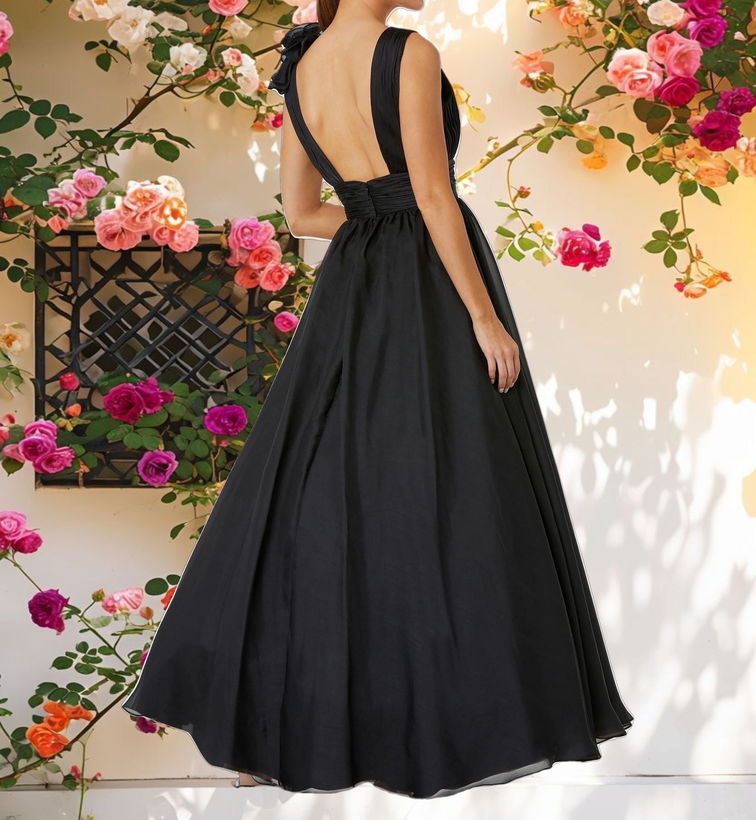 Black Ruffle Shoulder V-Neck Chiffon Gown