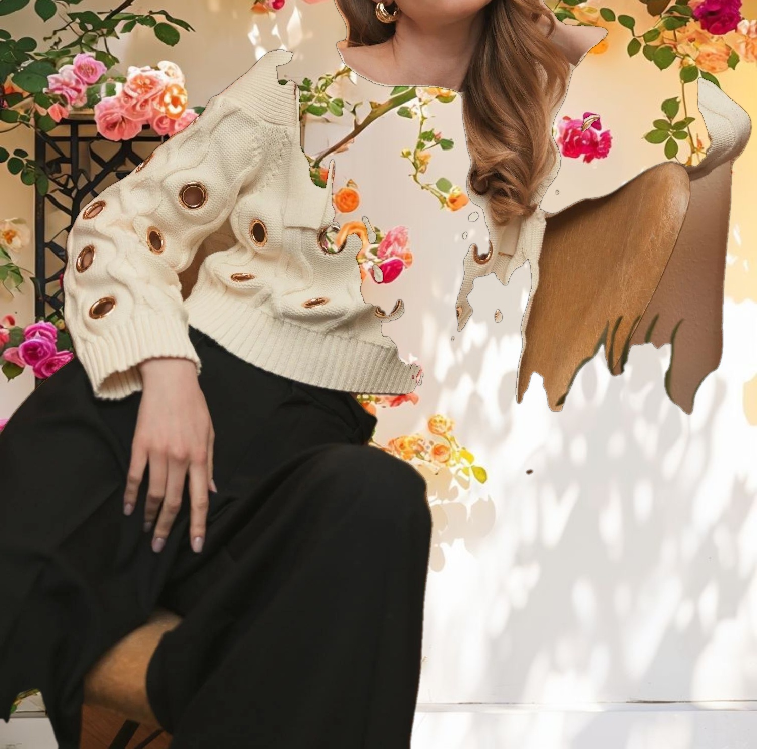 Chunky Knit Off The Shoulder Grommet Cropped Sweater