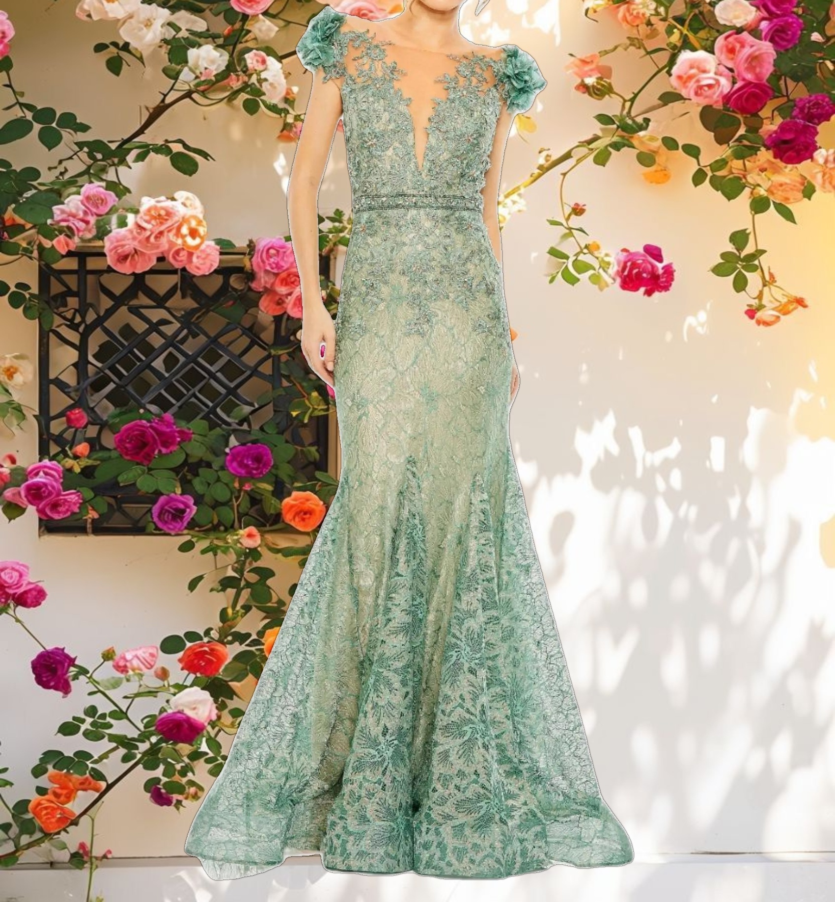 Green Embroidered Illusion Appliqued Bodice Trumpet Gown