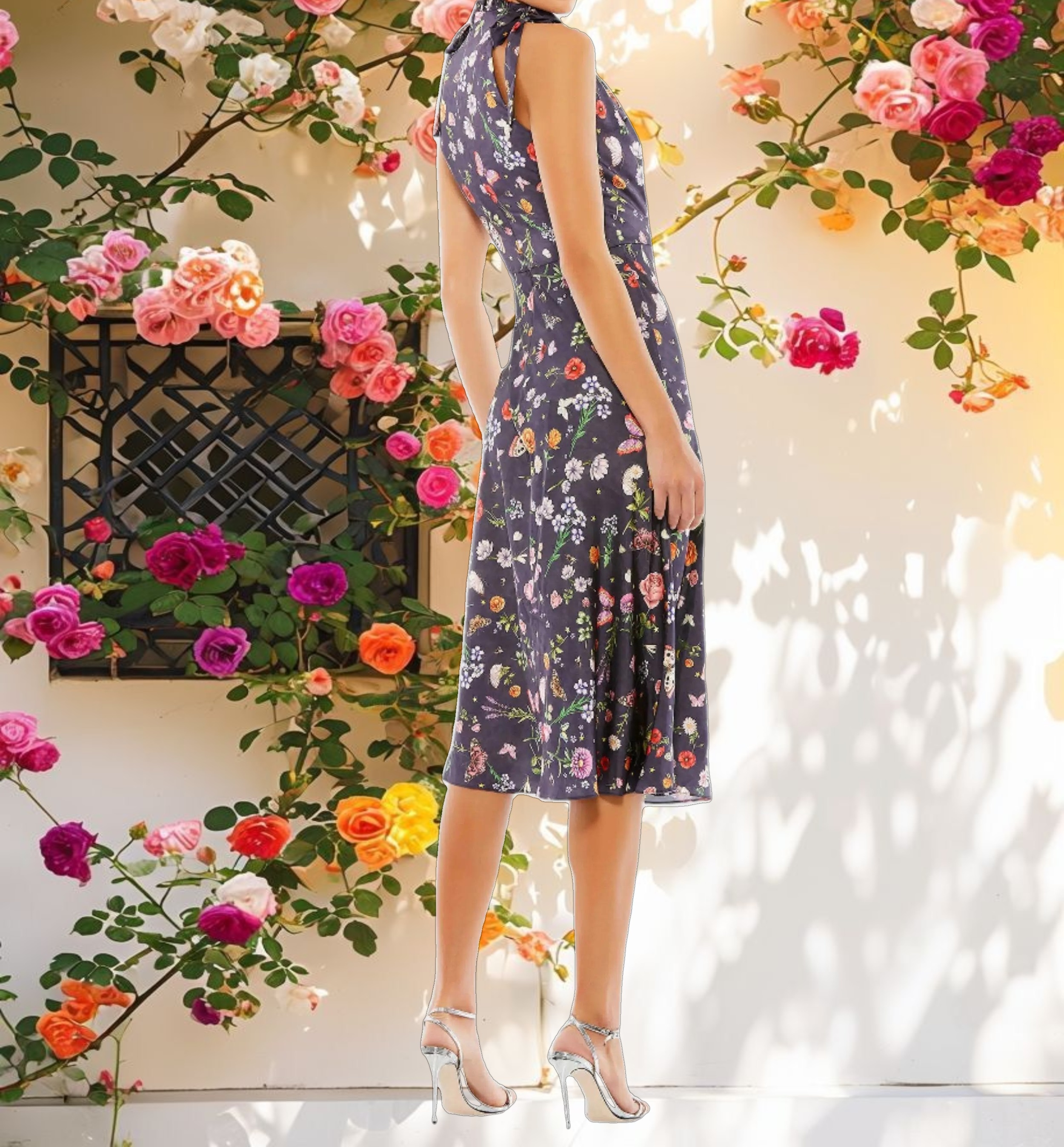 Pink Floral Print Tie Neck Midi Dress