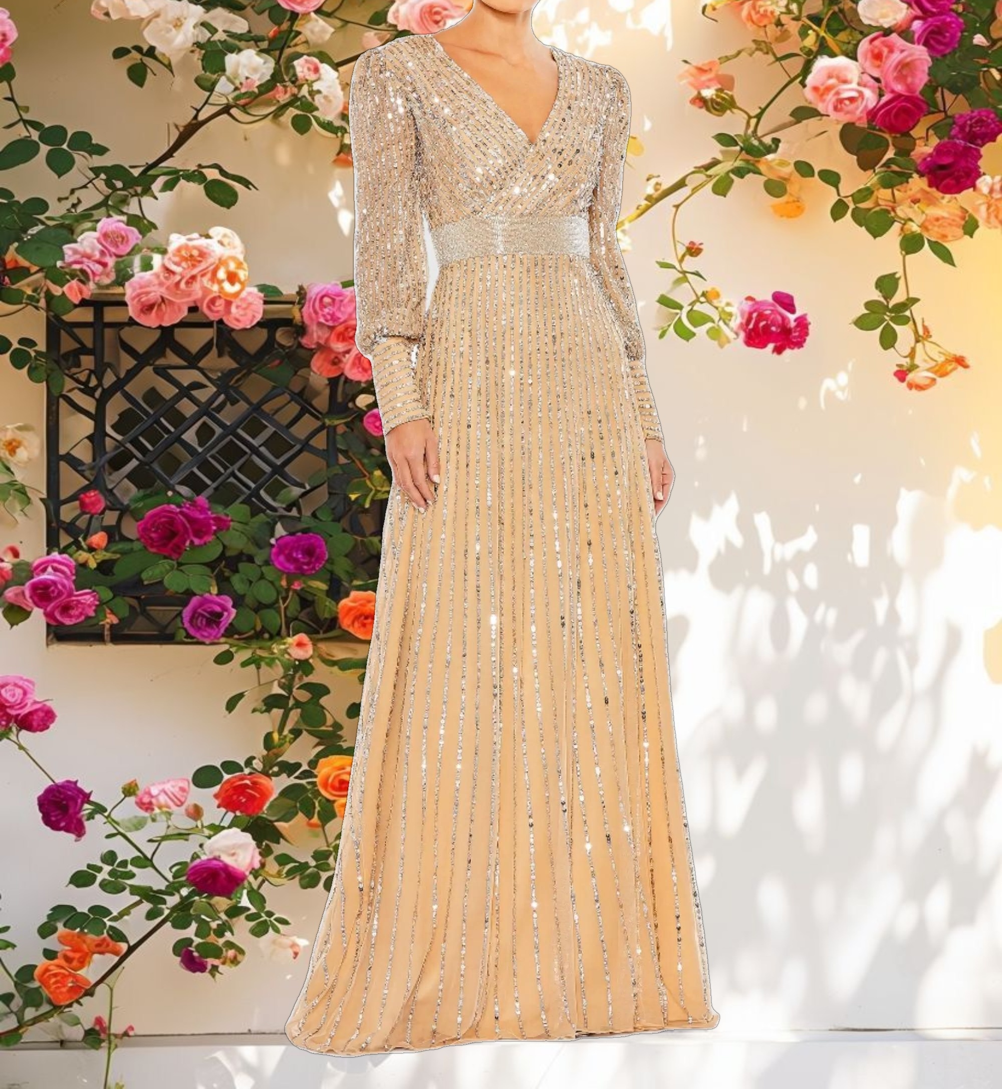 Beige Sequined Wrap Over Bishop Sleeve Gown