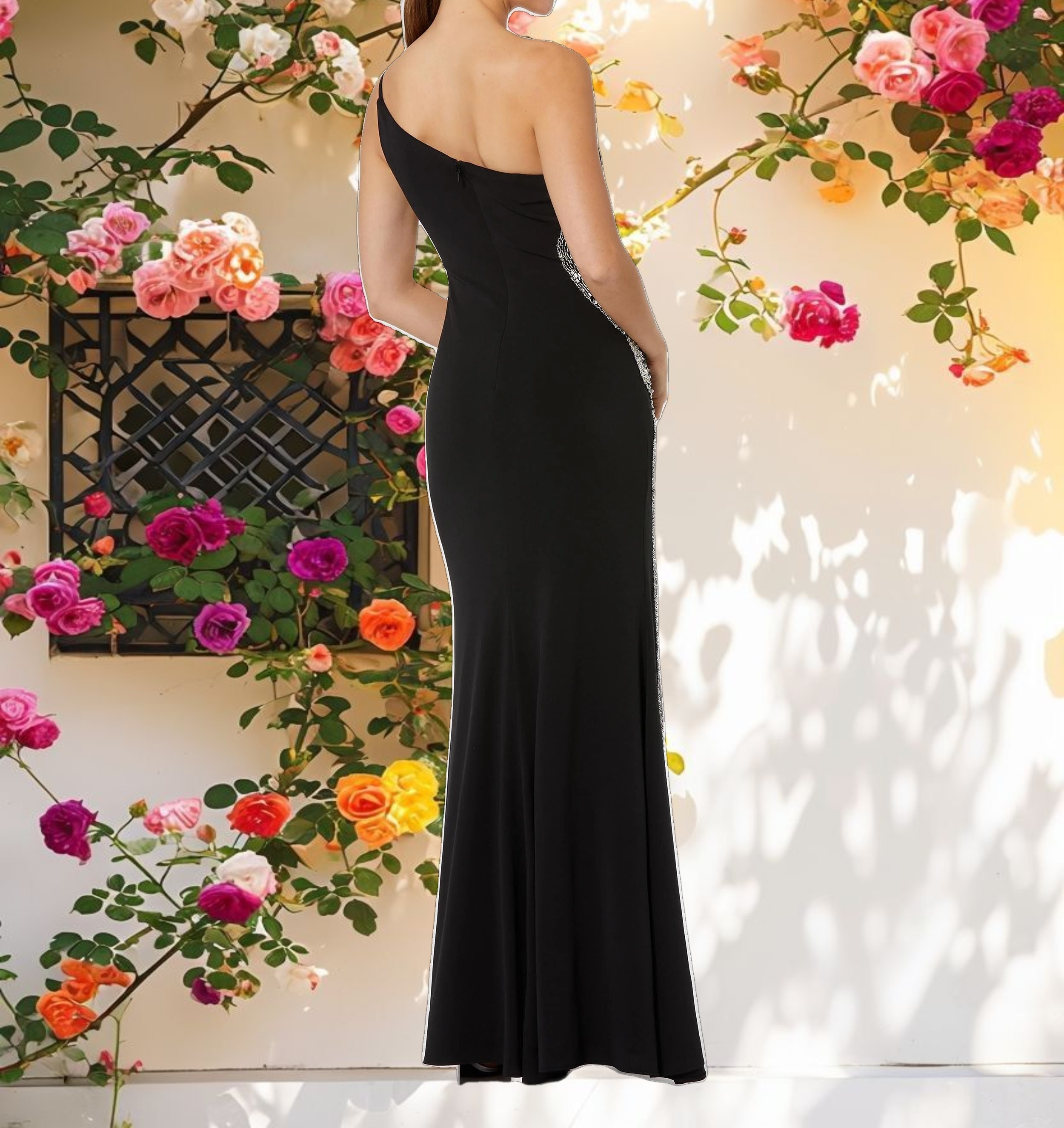Black Jersey Trumpet Gown with Embellished Cut-Outs