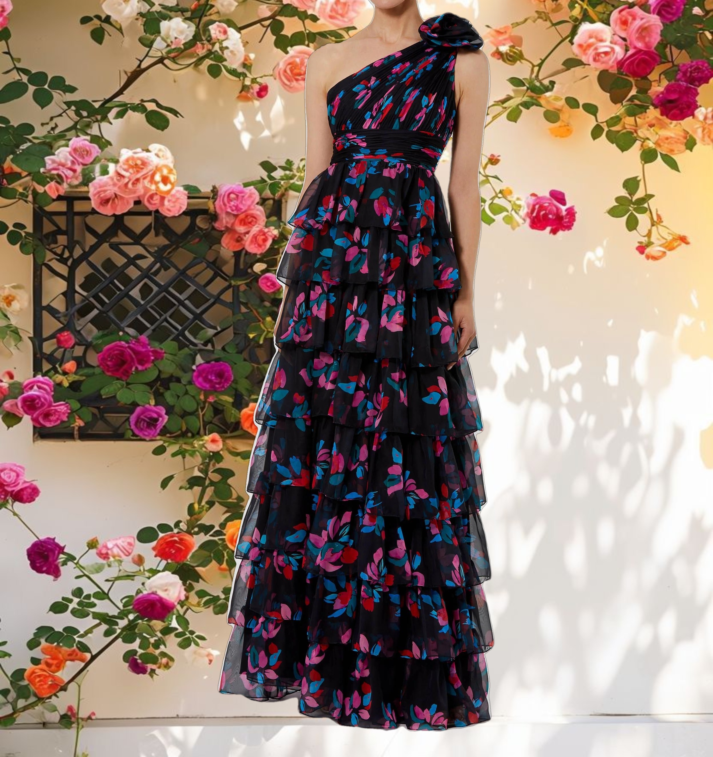 Black Floral Chiffon One Shoulder Tiered Ruffle Gown