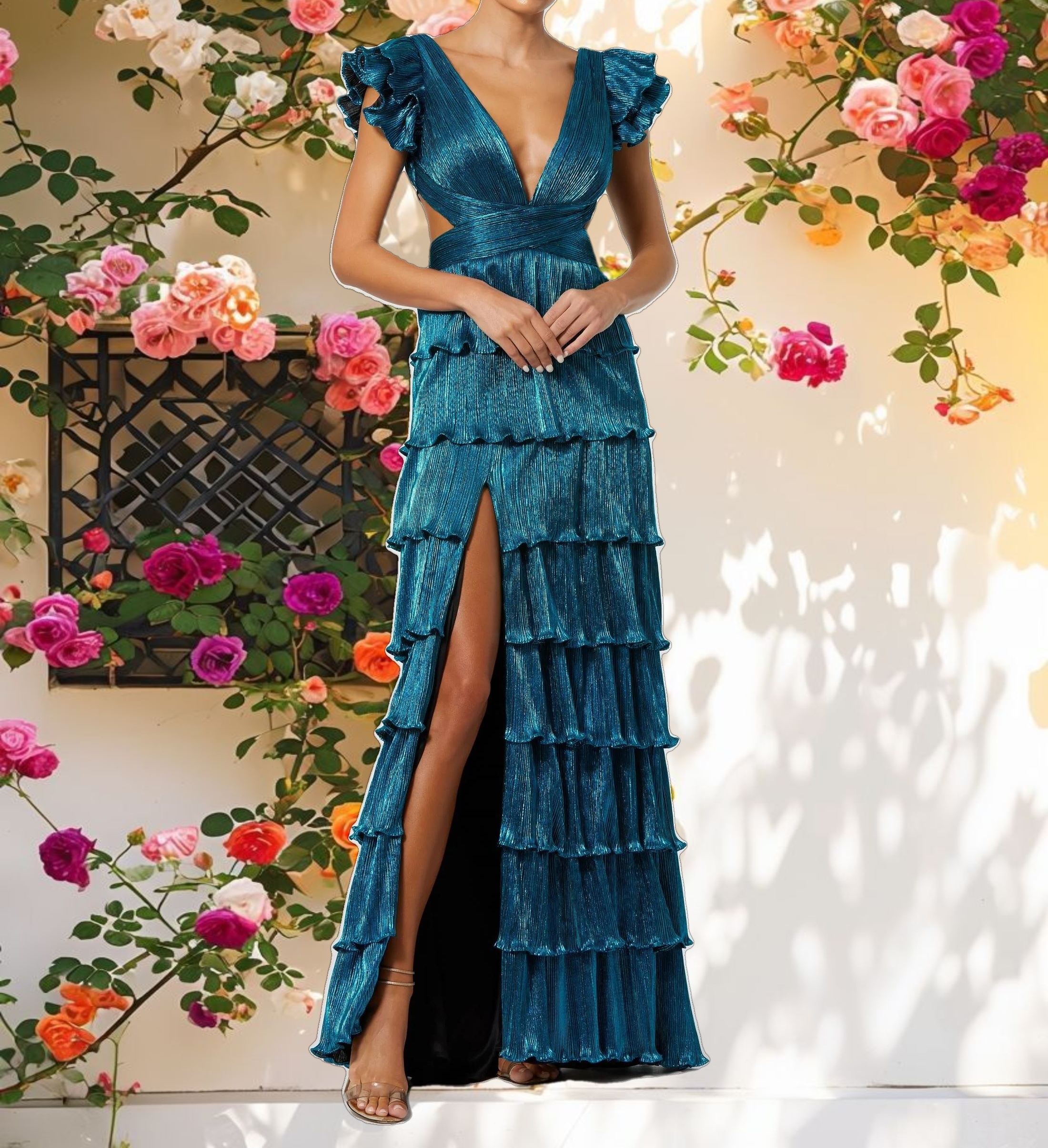 Ruffle Tiered Criss Cross Lace Gown