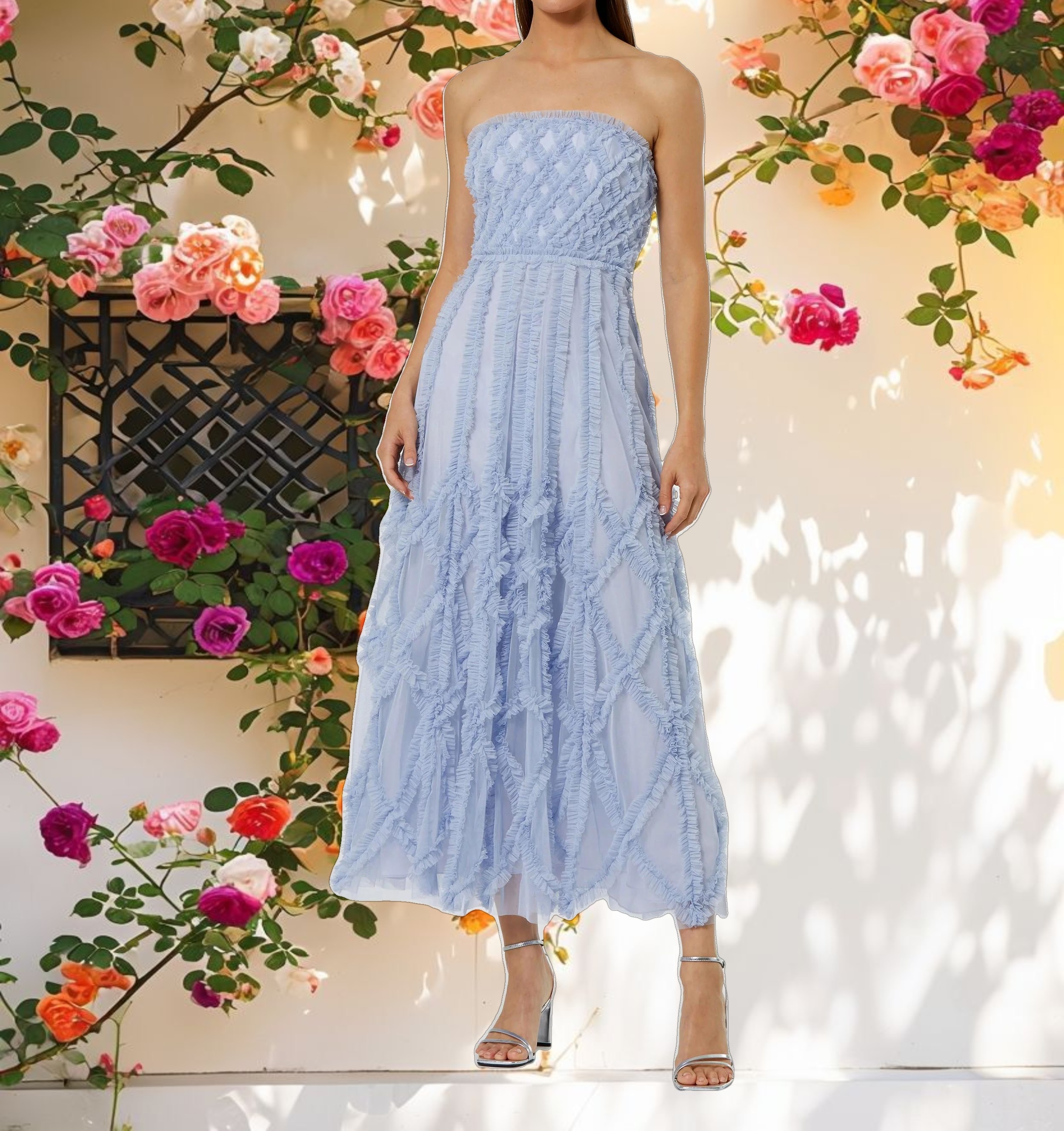 Blue Mesh Ruffle Strapless A Line Midi Dress