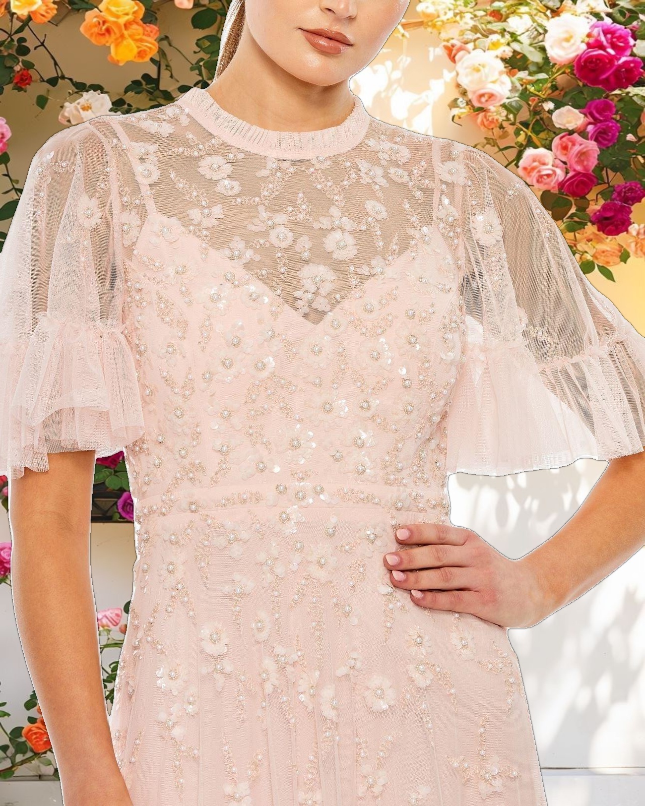 Light Pink Ruffled Floral Embellished Flutter Sleeve A Line Dress