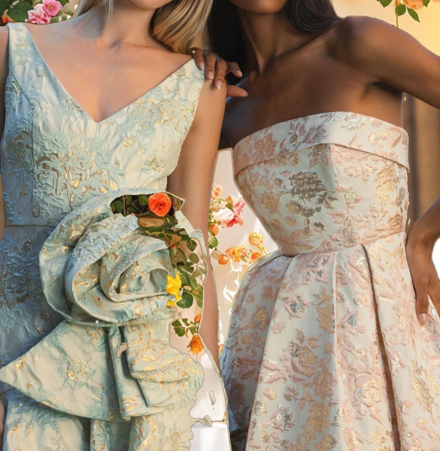 Pink and White Strapless Floral Brocade A Line Midi Dress