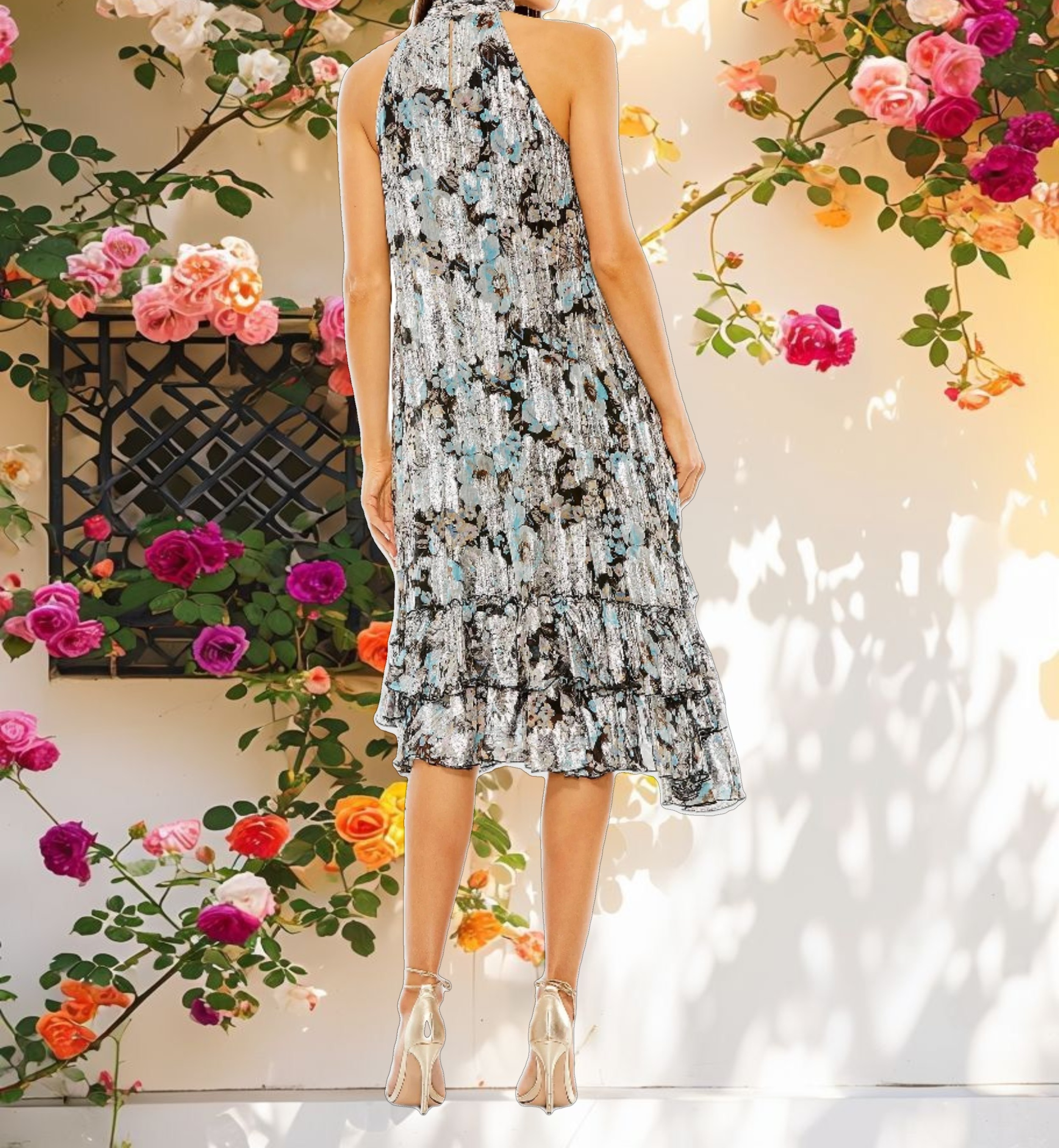 Black Multicolor High Neck Keyhole A Line Floral Ruffle Mini Dress