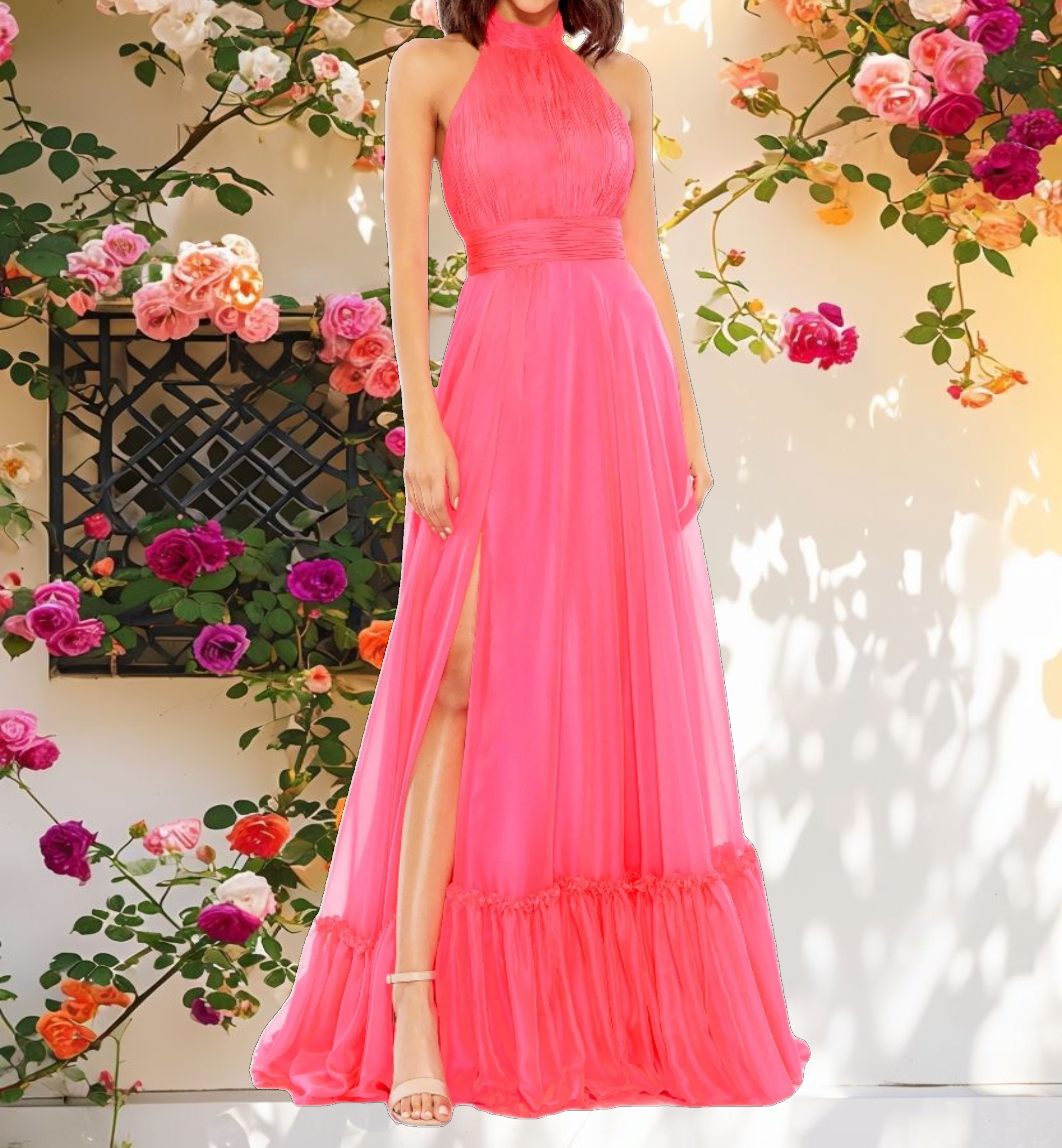 Pink High Neck Tiered Chiffon Halter Gown
