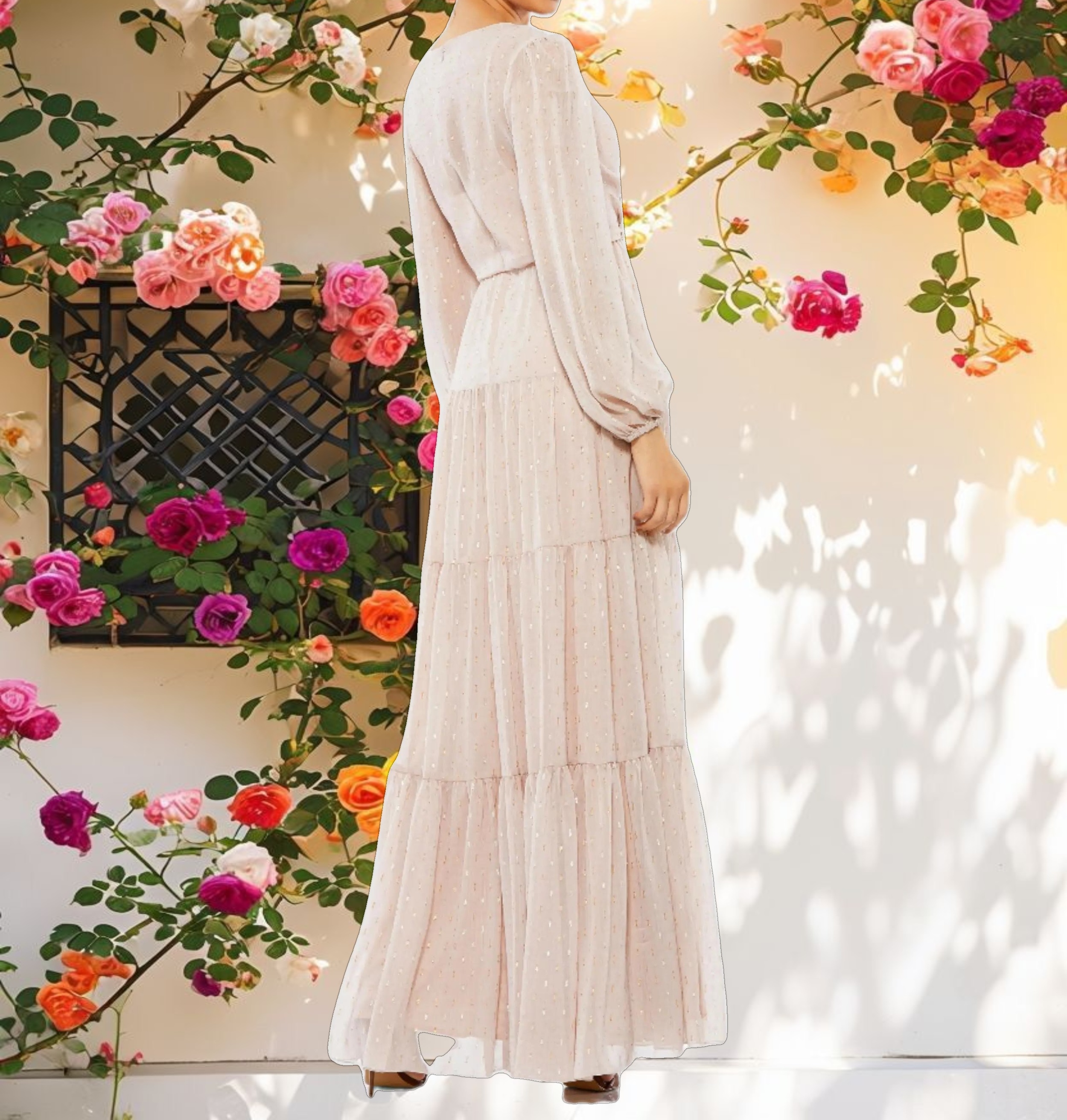 Pink V Neck Tiered Ruffle Gown