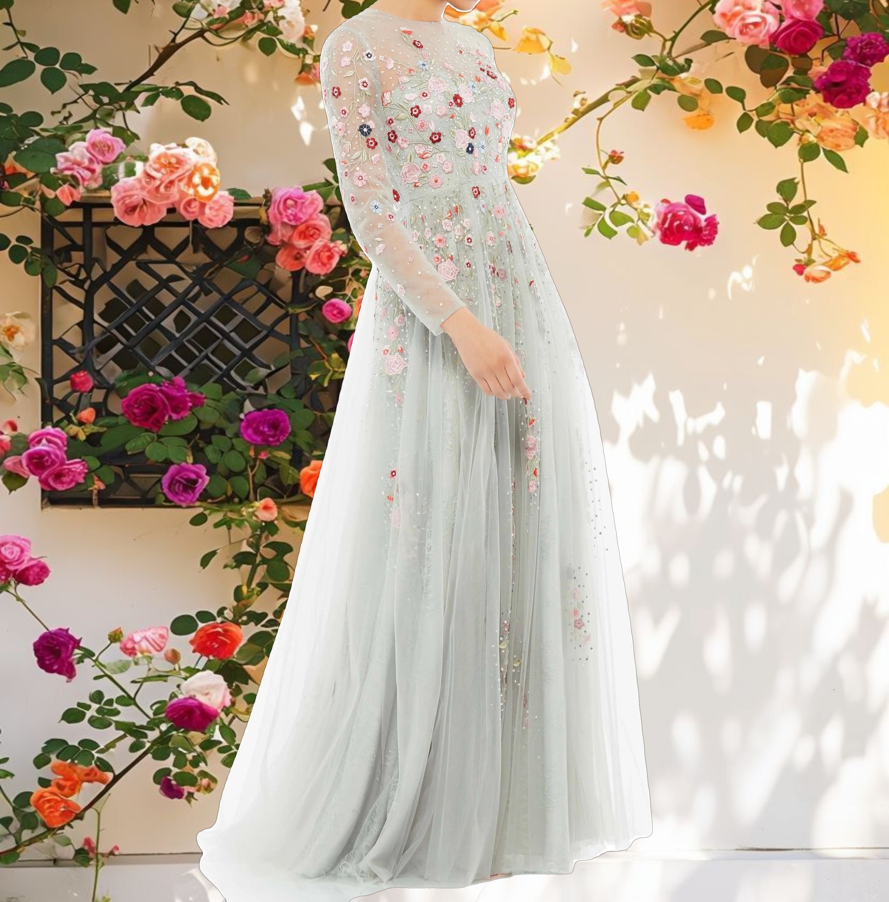 Gray Embroidered Illusion High Neck Long Sleeve A Line Gown