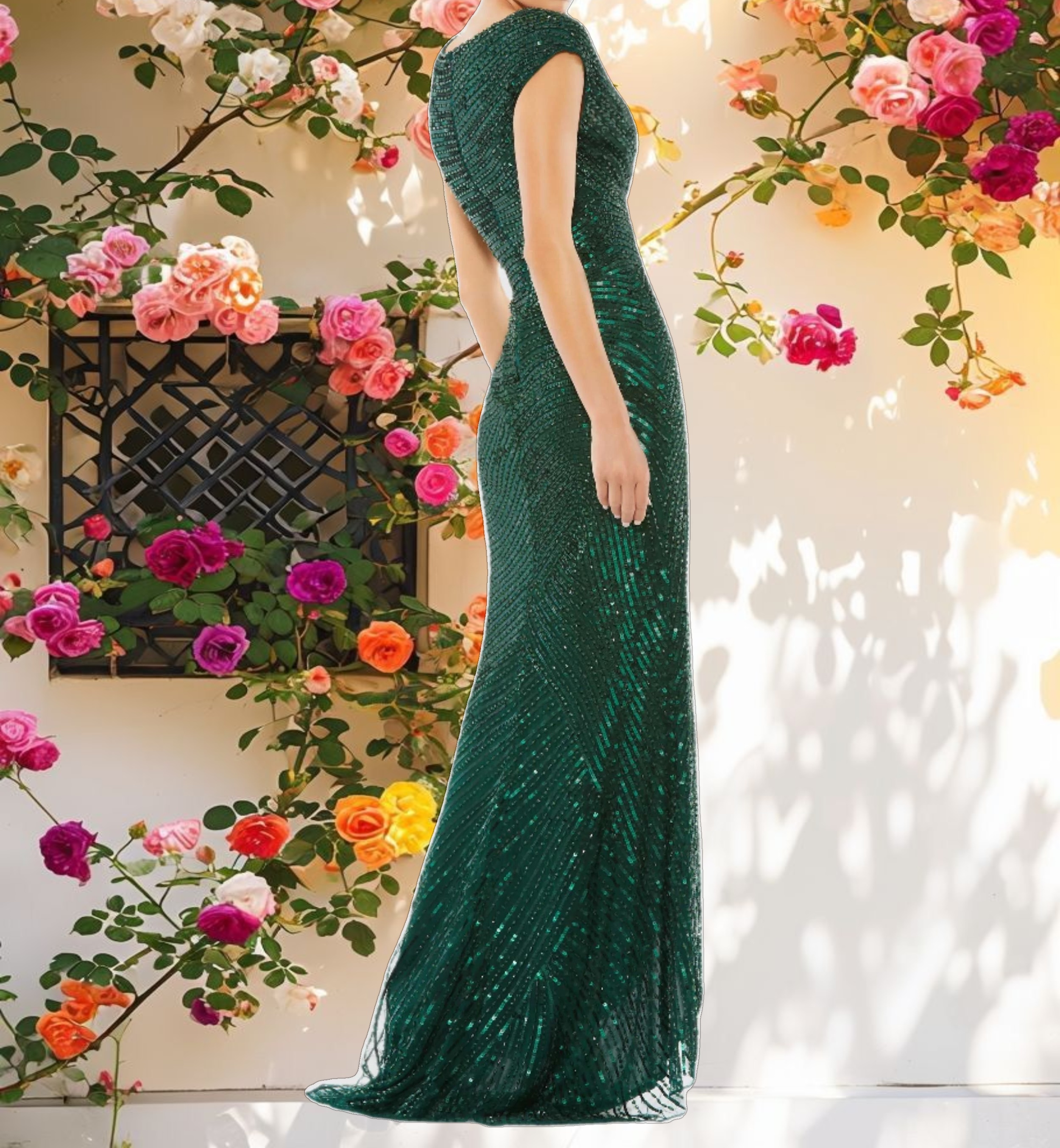 Green Cap Sleeve Sequined Evening Gown