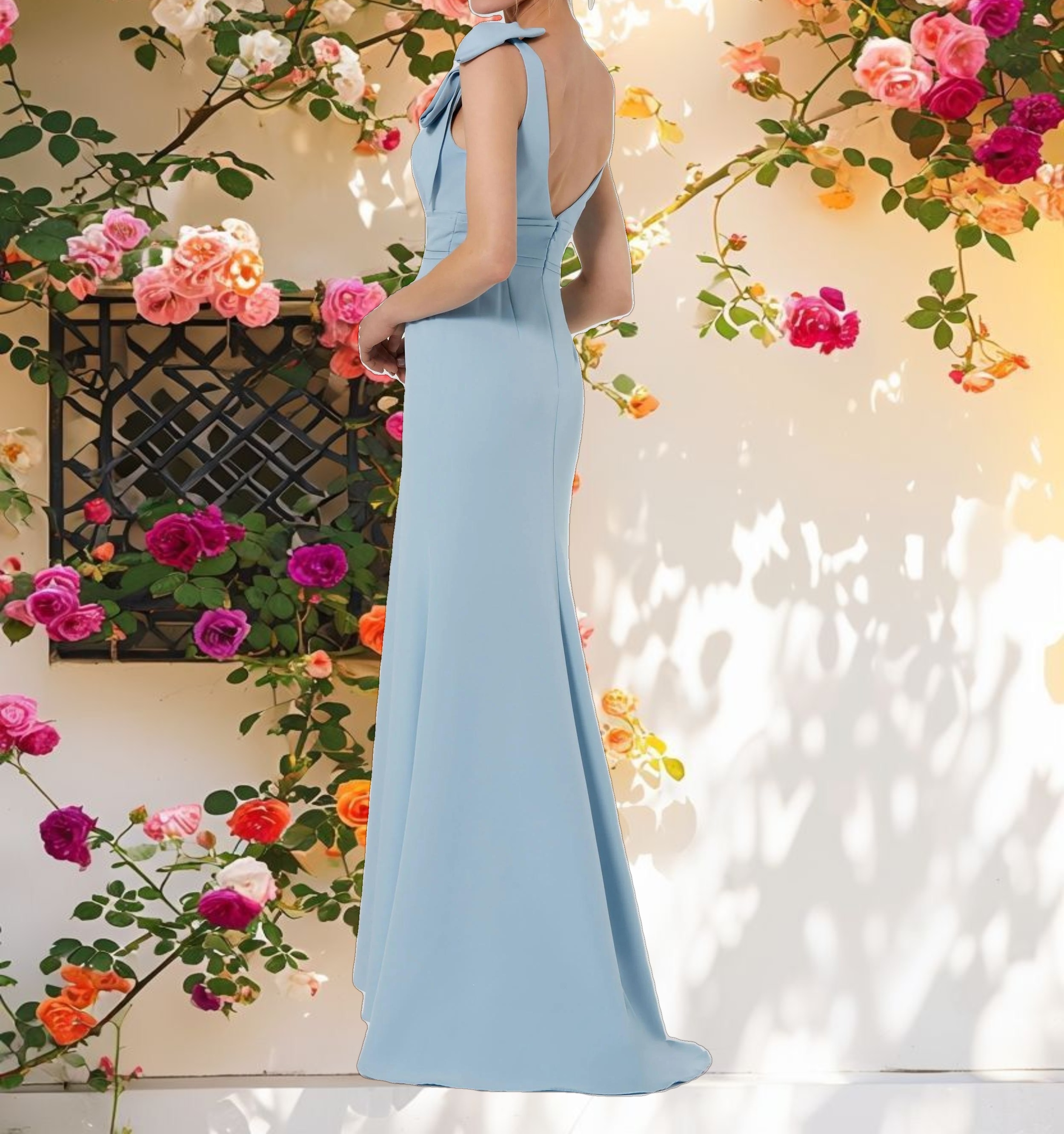 Blue Sleeveless V Neck Bow Detail Mermaid Gown